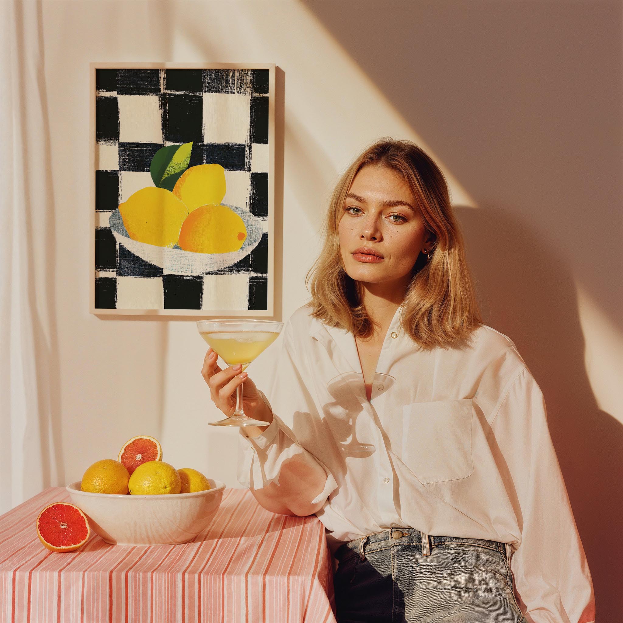 Siyah Beyaz Desen Üzerinde Limonlar Mutfak Duvar Tablosu