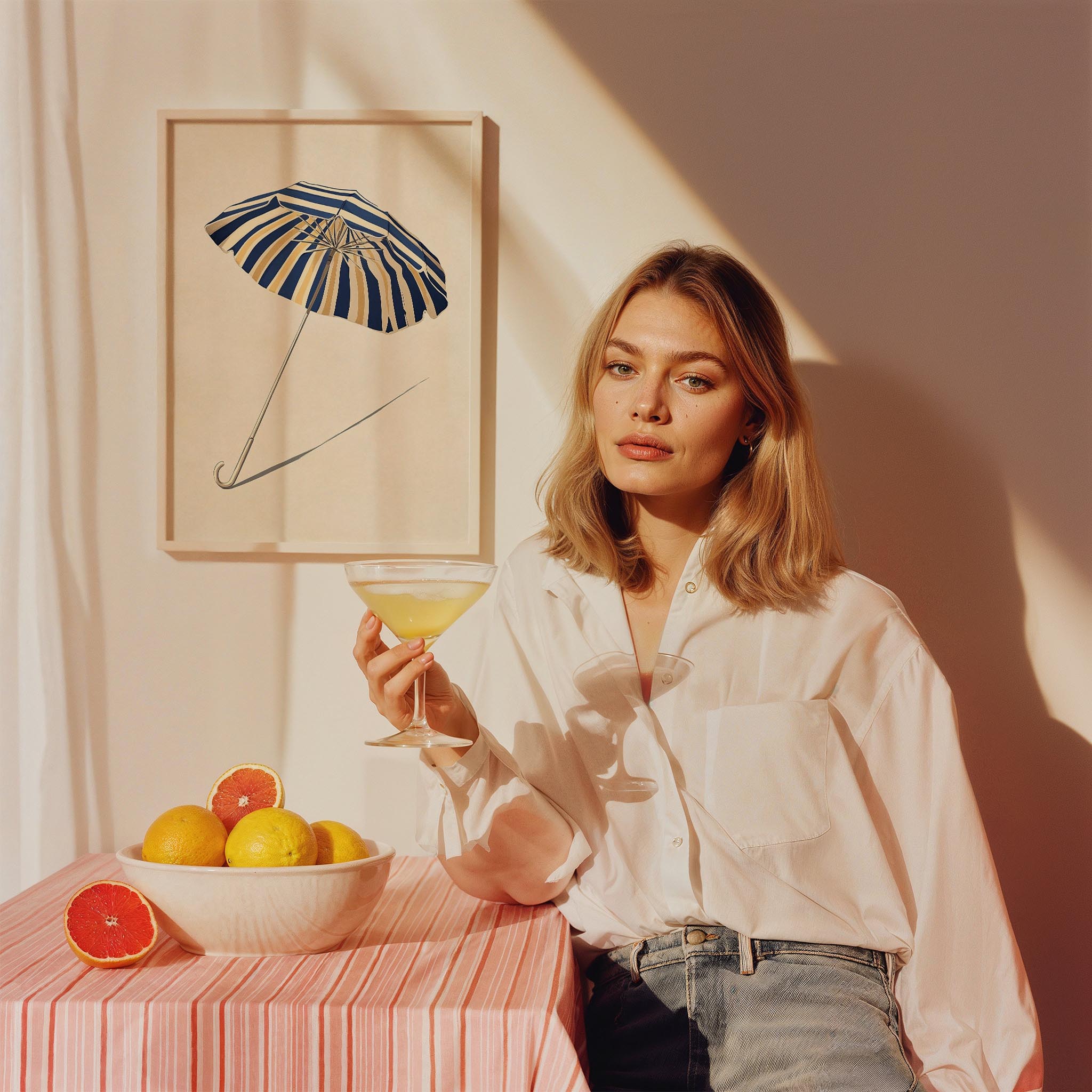 Lacivert Çizgili Şemsiye Minimalist Çizim - Duvar Tablosu