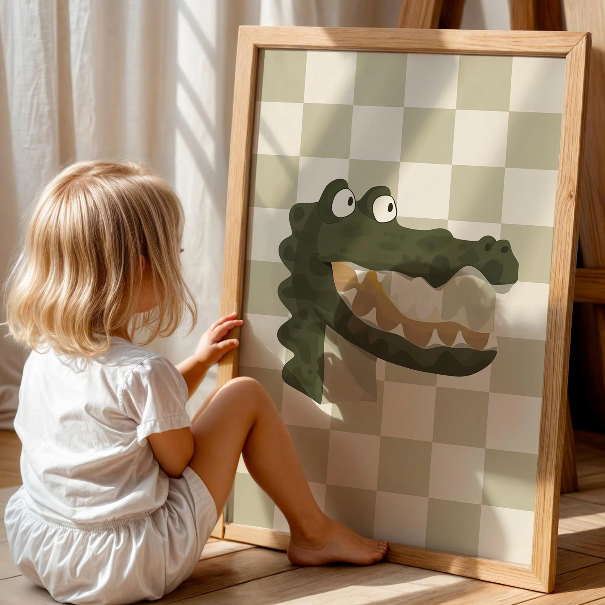 Timsah Sevimli Safari Hayvanları Yeşil Kareli Fonlu Çocuk Odası Ahşap Tablo