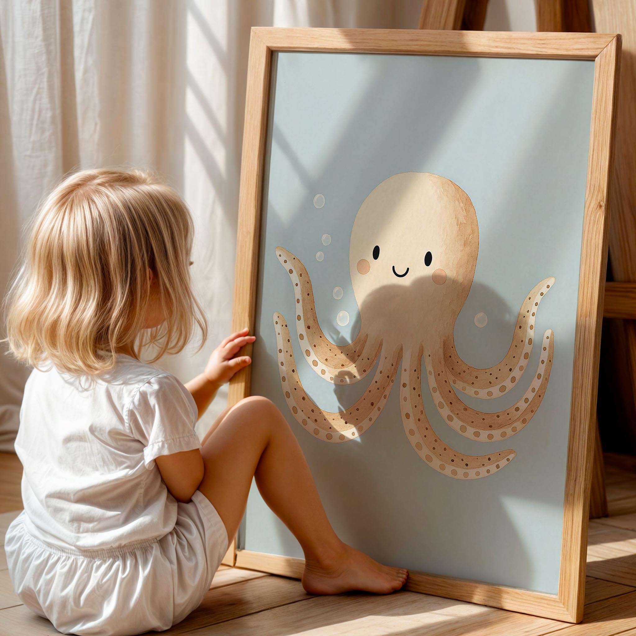 Sevimli Ahtapot Deniz Temalı Erkek Çocuk Odası Ahşap Tablo