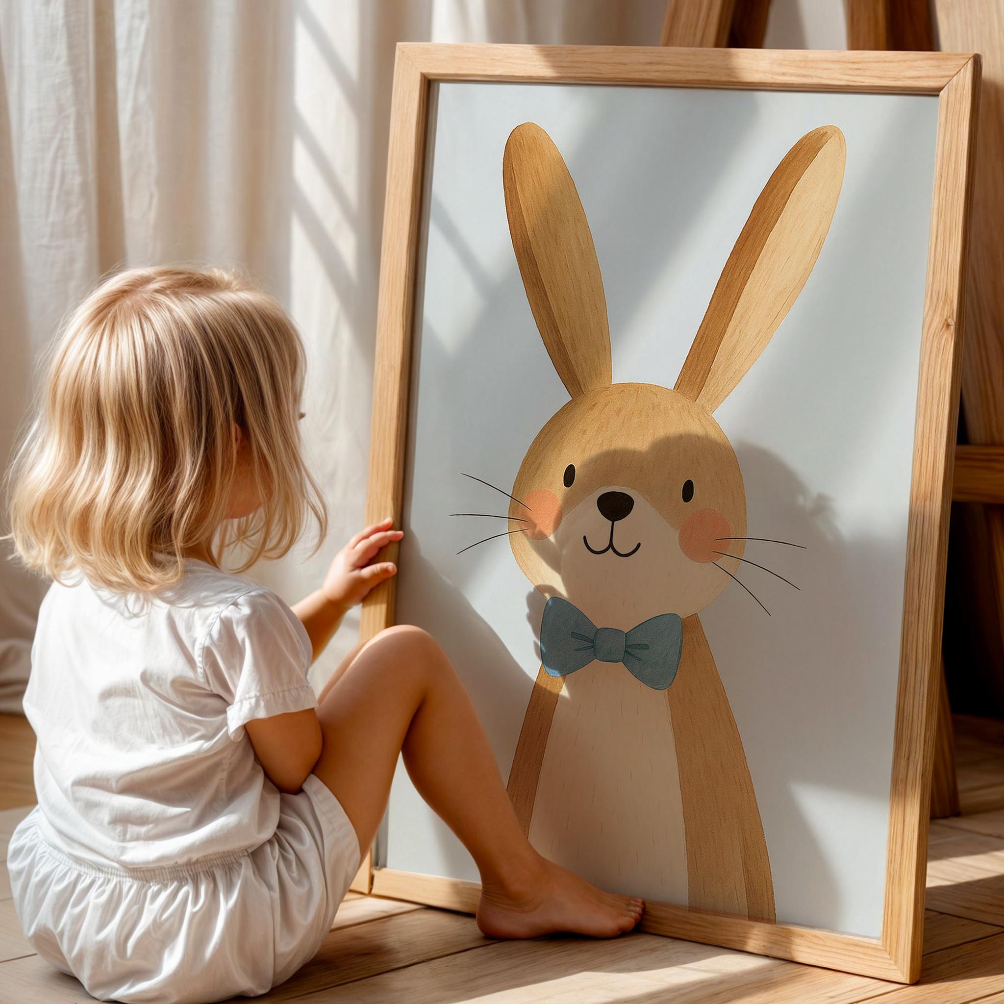 Sevimli Tavşan Mavi Hayvan Temalı Çocuk Odası Ahşap Tablo