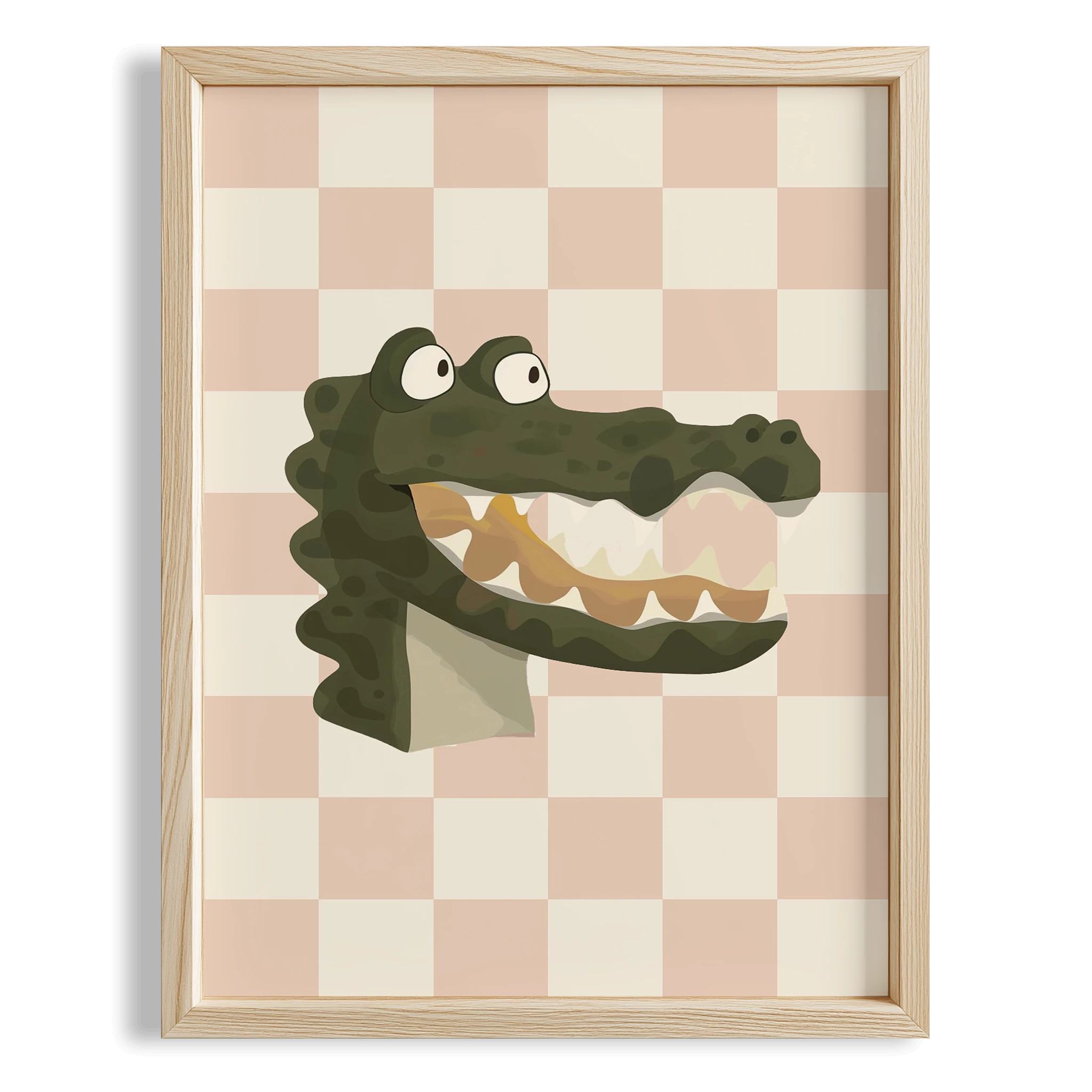 Timsah Sevimli Safari Hayvanları Pembe Kareli Fonlu Çocuk Odası Ahşap Tablo