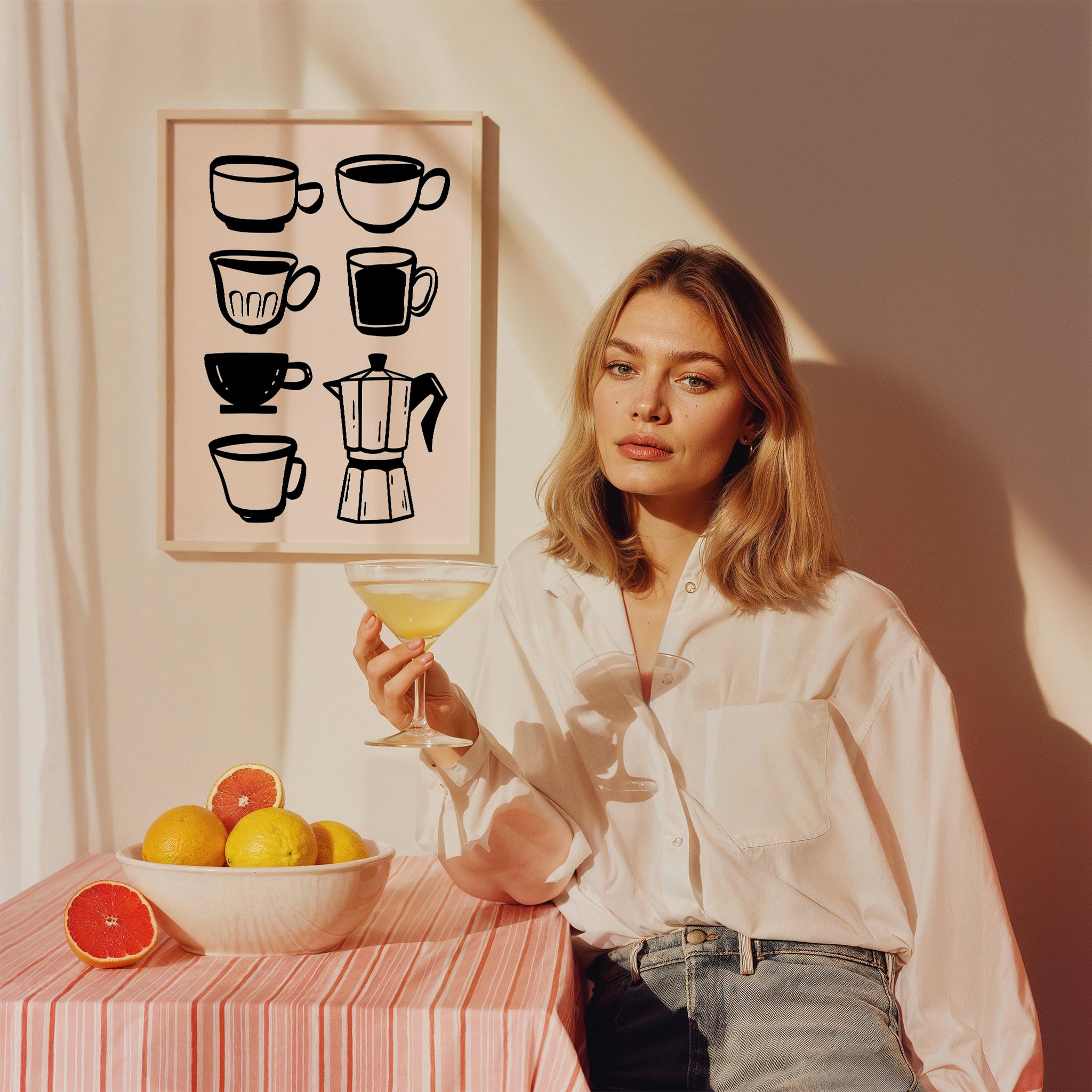 Kahve Kupaları ve Moka Pot Minimal Çizimler Mutfak Duvar Tablosu