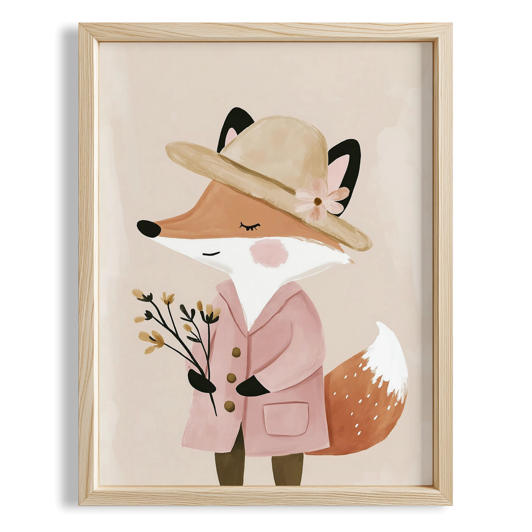 Bohem Şapkalı Pembe Elbiseli Tilki Kız Çocuk Odası Ahşap Tablo
