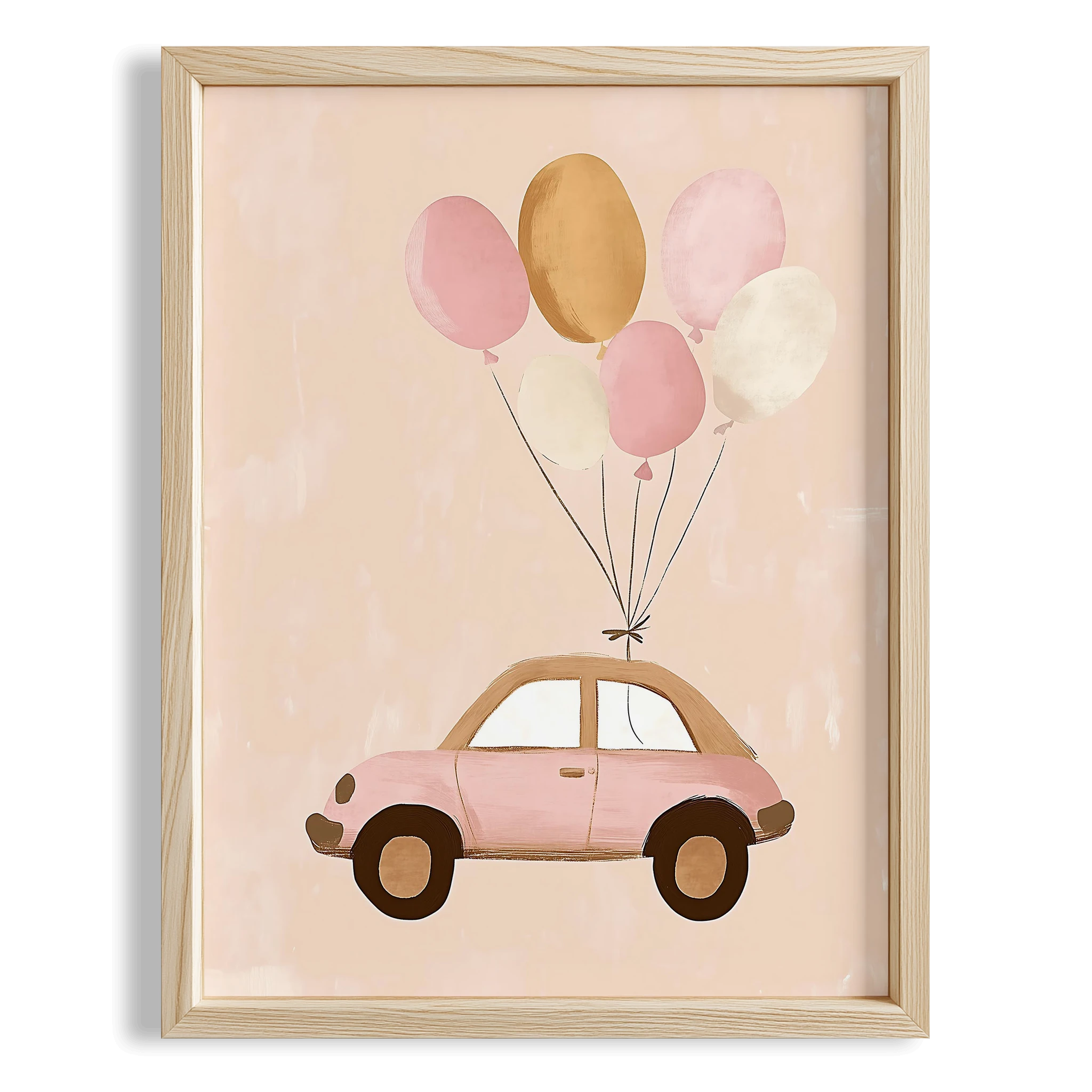 Balonlu Pembe Araba Kız Çocuk Odası Ahşap Tablo