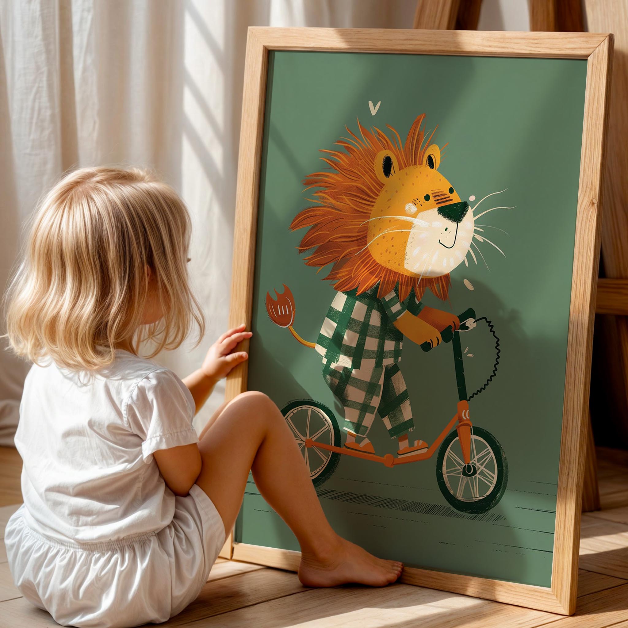 Bisiklet Süren Aslan Yeşil Fonlu Erkek Çocuk Odası Ahşap Tablo