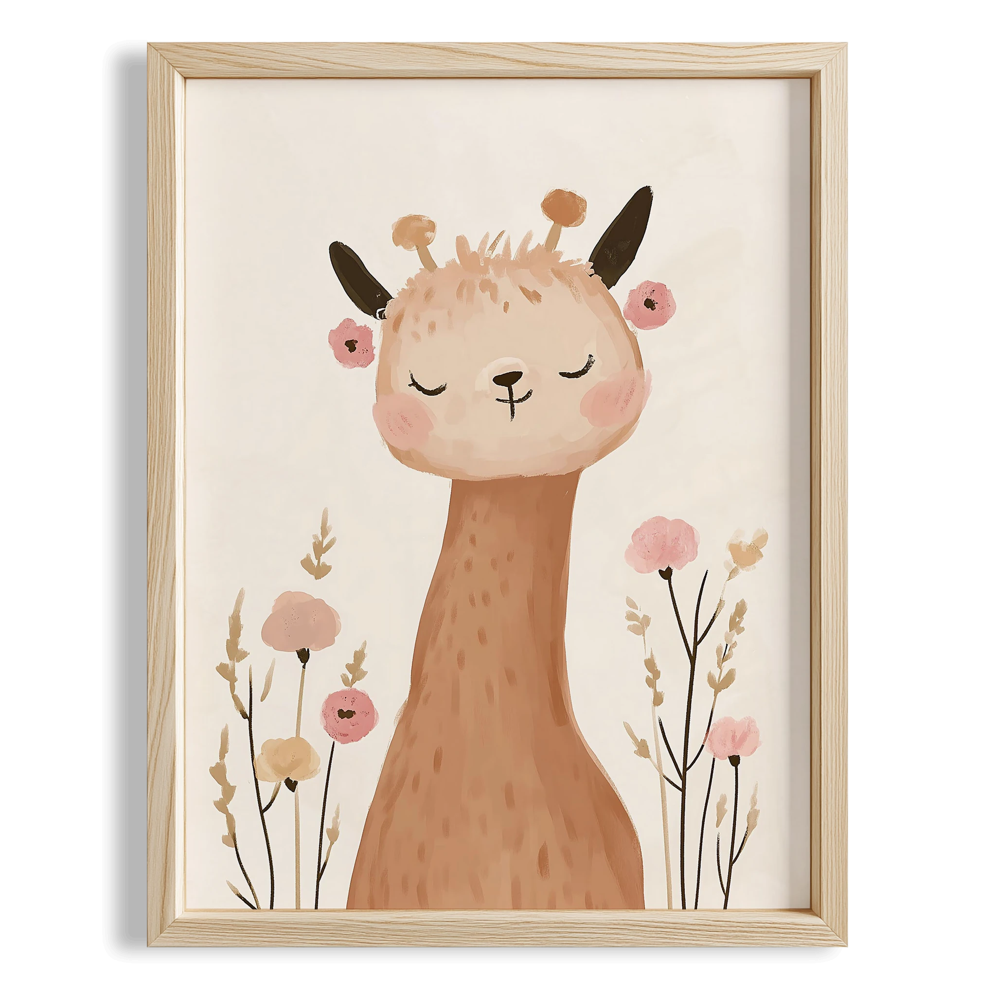 Bohem Çiçek Taçlı Lama Kız Çocuk Odası Ahşap Tablo