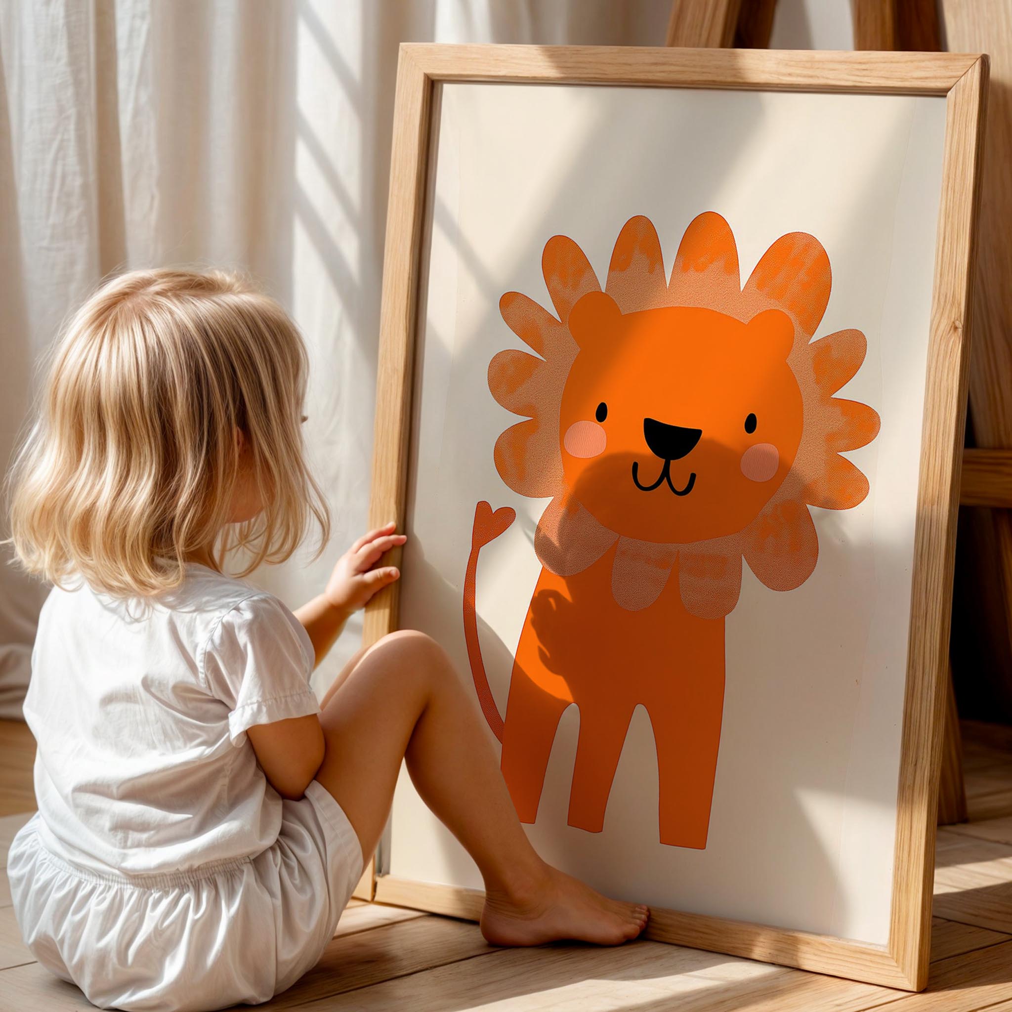 Sevimli Aslan - Eklektik Tarzda Çocuk Odası Dekorasyonu Ahşap Çerçeveli Duvar Tablosu