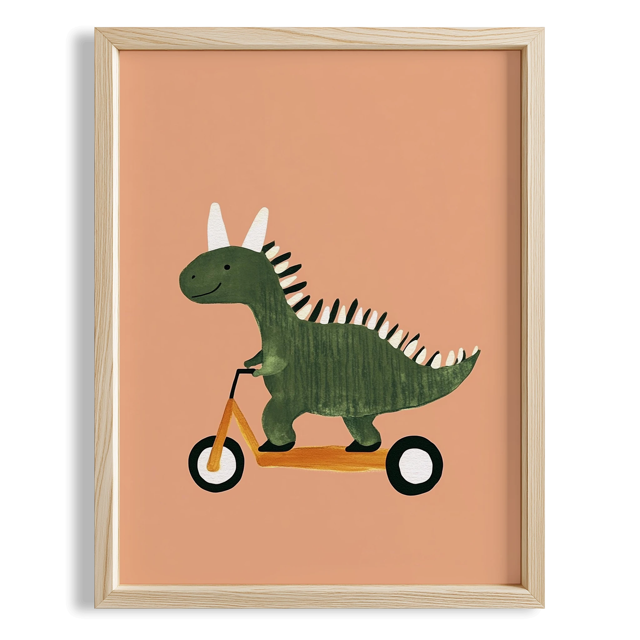 Scooter Süren Dinozor Temalı Bej Fonlu Çocuk Odası Ahşap Tablo