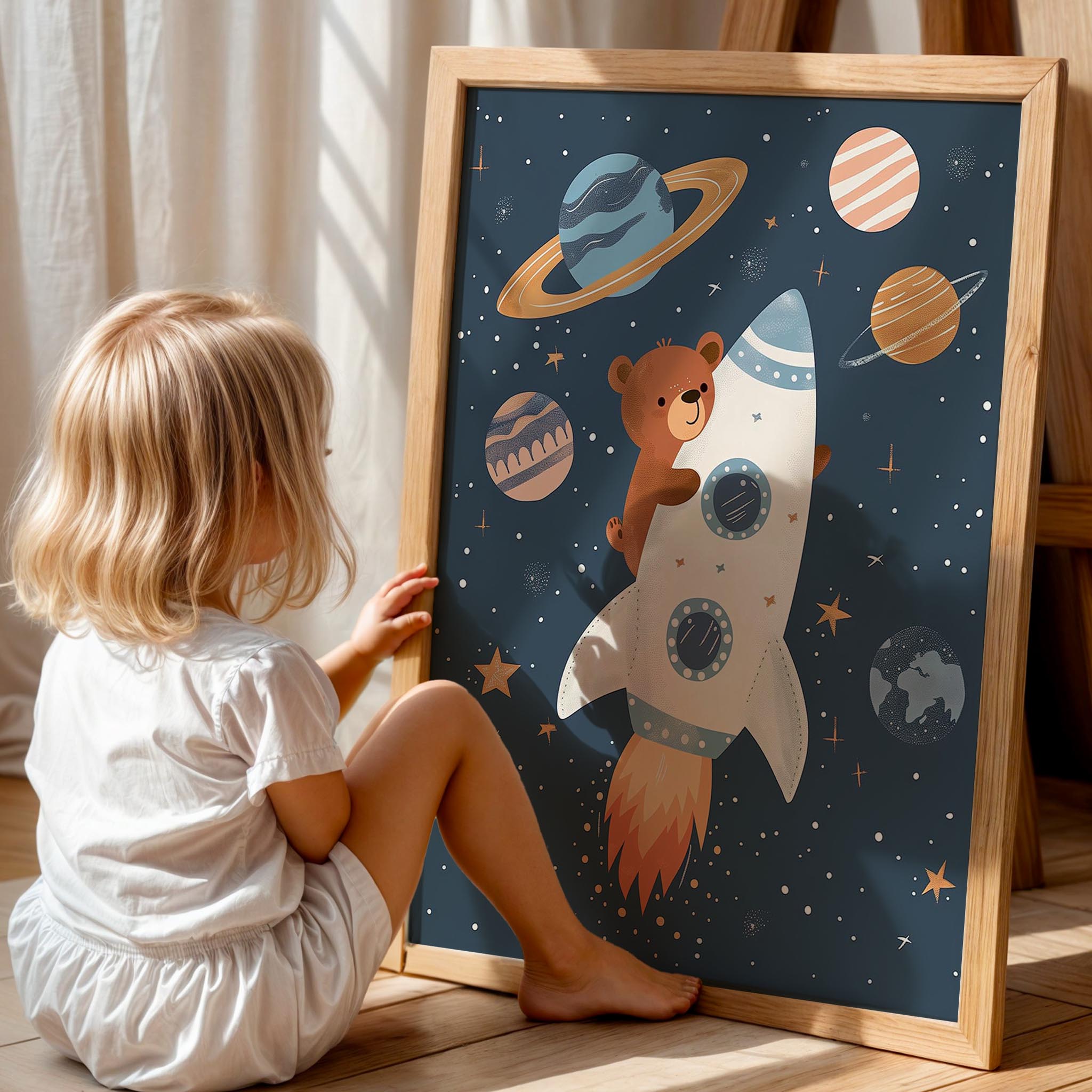 Ayıcık Roket Yıldızlar ve Gezegenler Uzay Temalı Erkek Çocuk Odası Ahşap Tablo