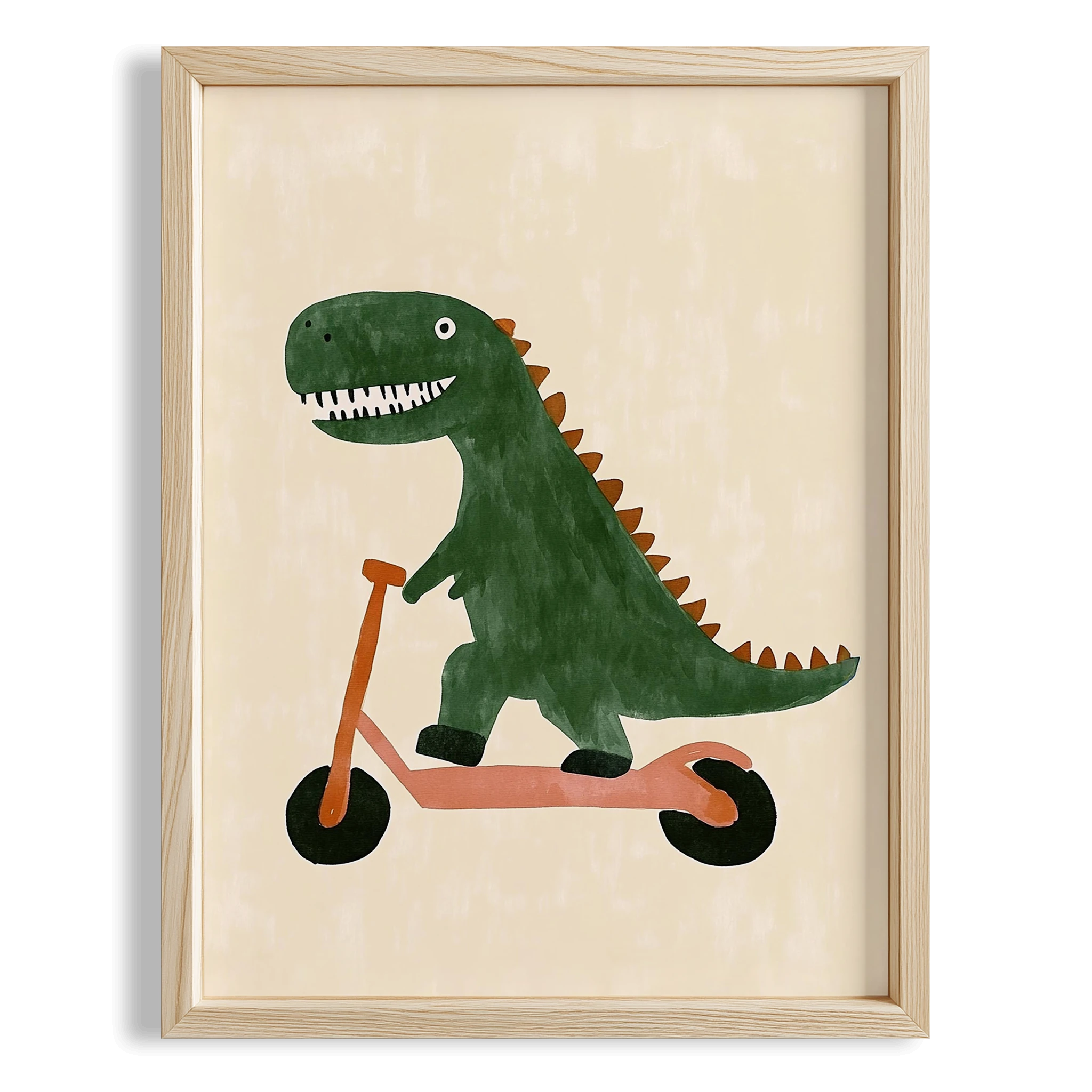 Scooter Süren Dinozor Temalı Krem Fonlu Çocuk Odası Ahşap Tablo I