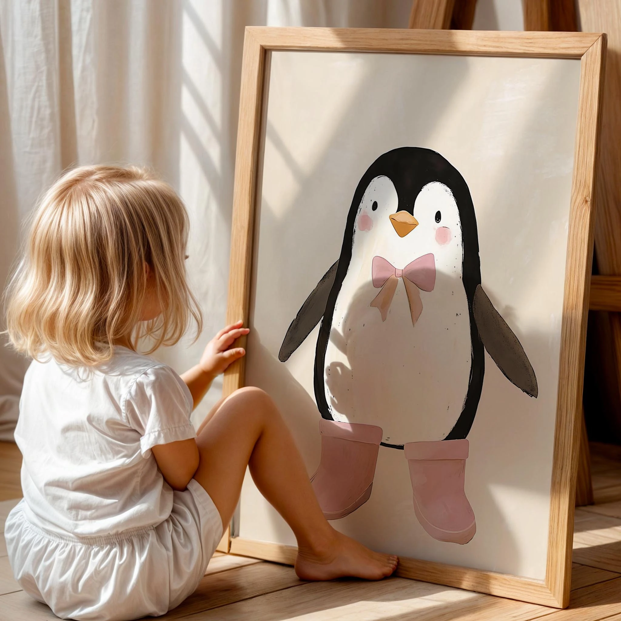 Sevimli Pembe Papyonlu Penguen Bohem Kız Çocuk Odası Ahşap Tablo