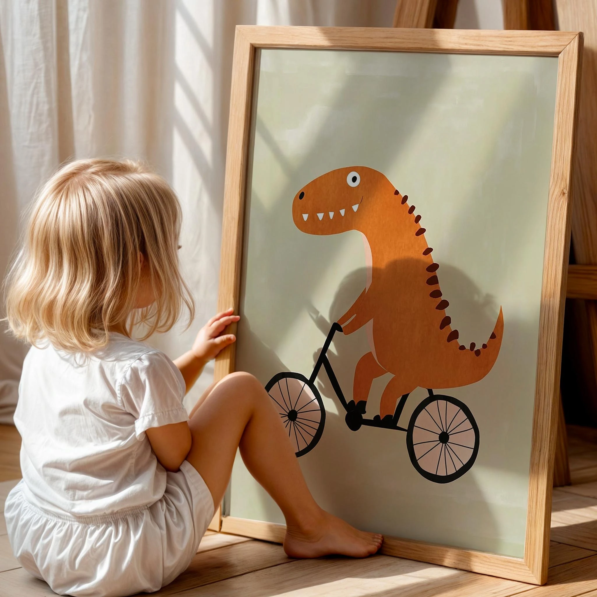 Bisiklet Süren Dinozor Temalı Yeşil Fon Çocuk Odası Ahşap Tablo II