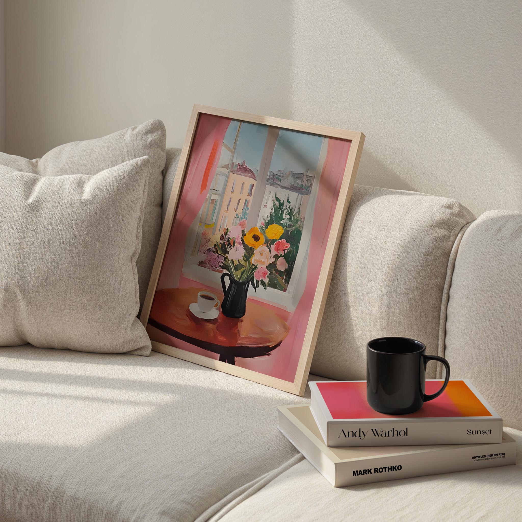 Pencere Manzarası I - Kahve ve Vazoda Çiçek