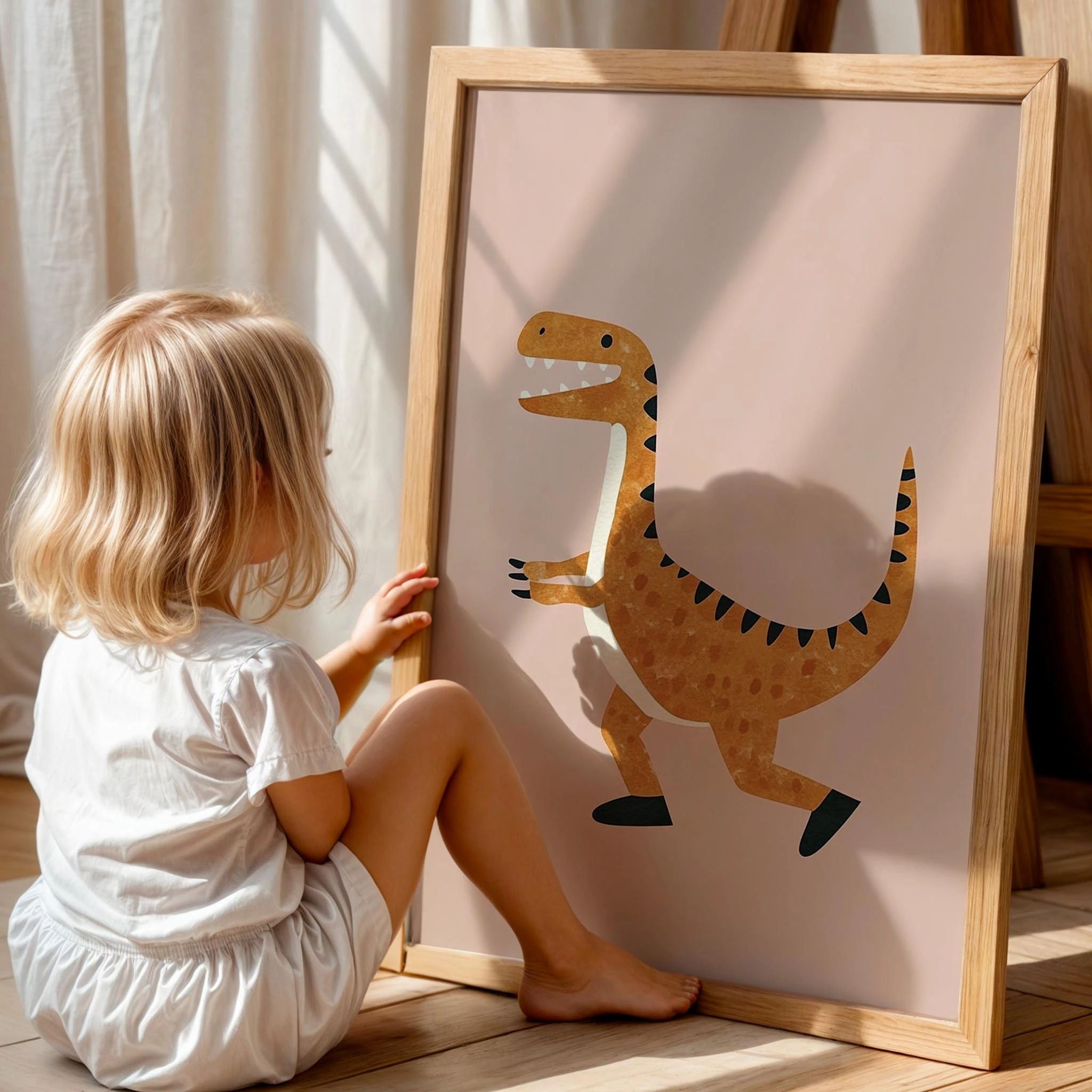 Koşan Dinozor Temalı Pudra Fonlu Çocuk Odası Ahşap Tablo