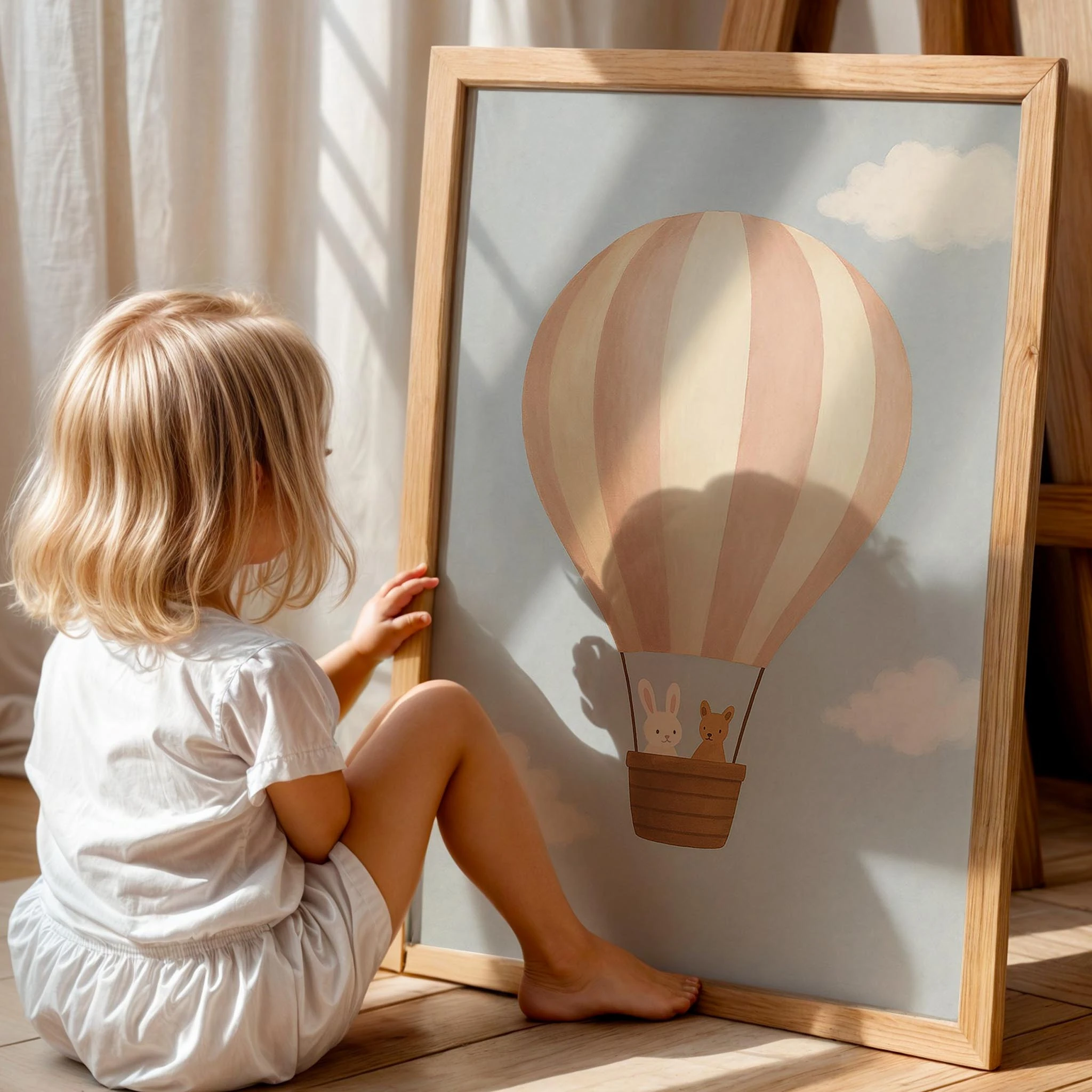 Sevimli Tavşan ve Ayıcık Balonda Çocuk Odası Ahşap Tablo