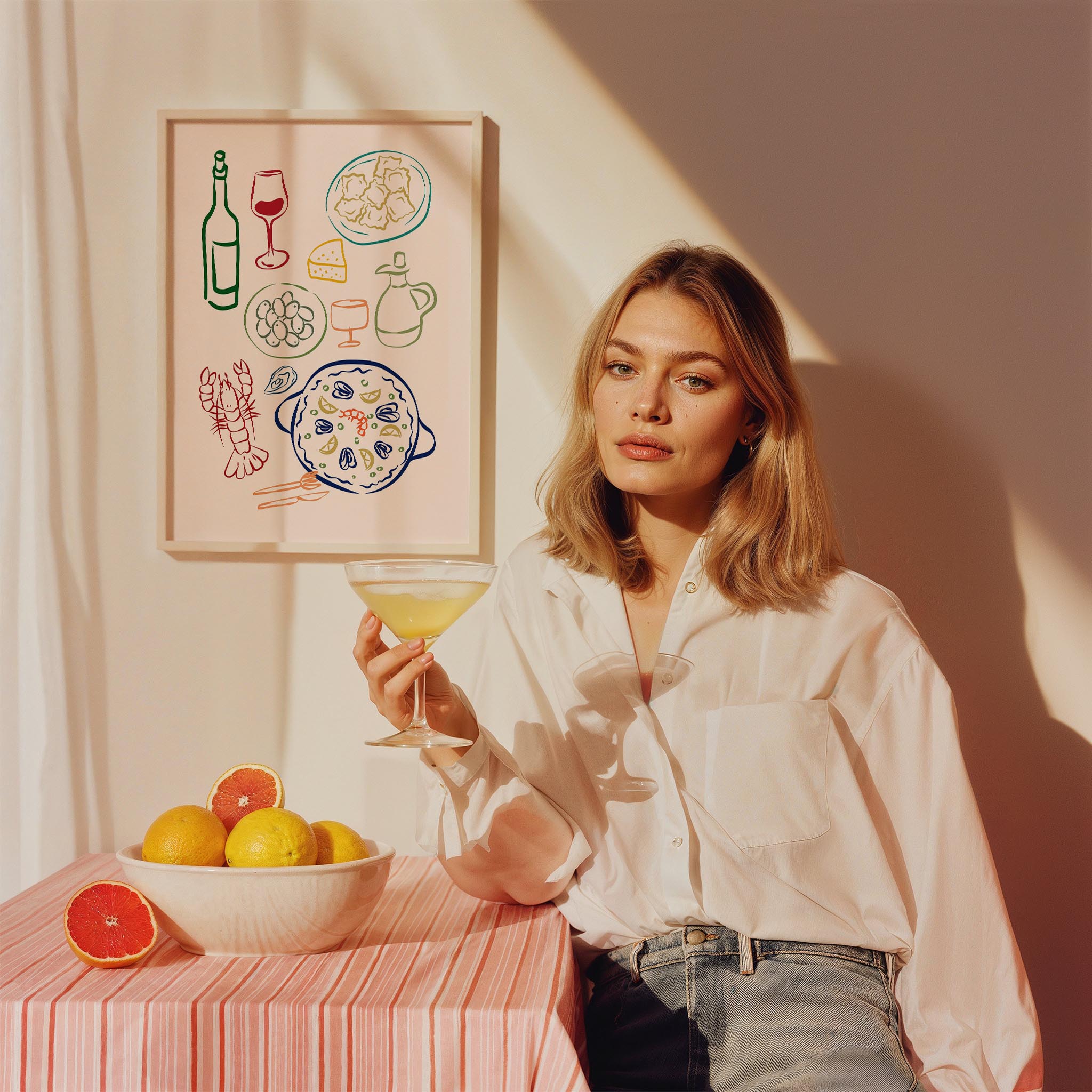 Akdeniz Sofrası Minimal Çizimler Mutfak Duvar Tablosu II