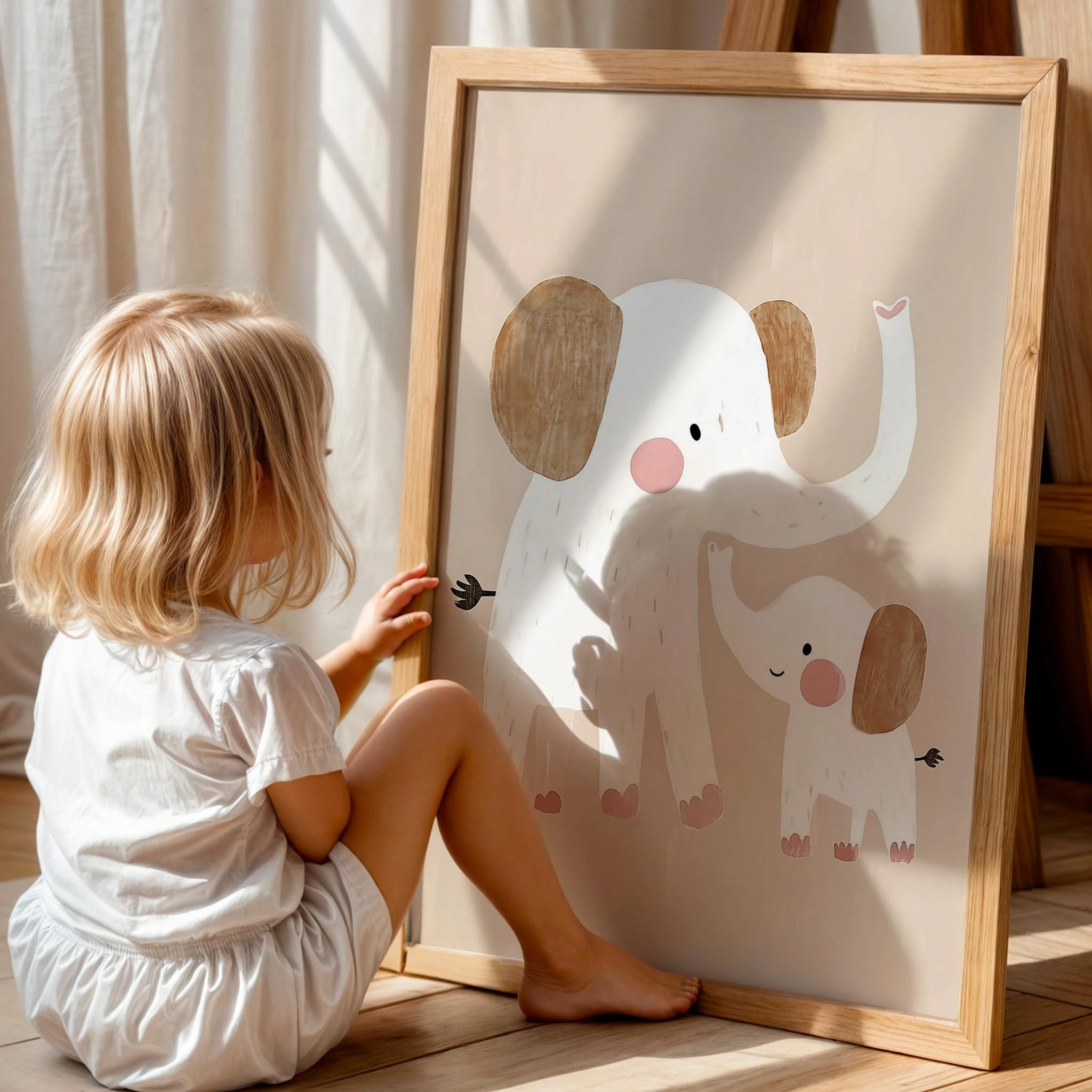 Sevimli Yavru Fil ve Annesi Bohem Kız Çocuk Odası Ahşap Tablo I