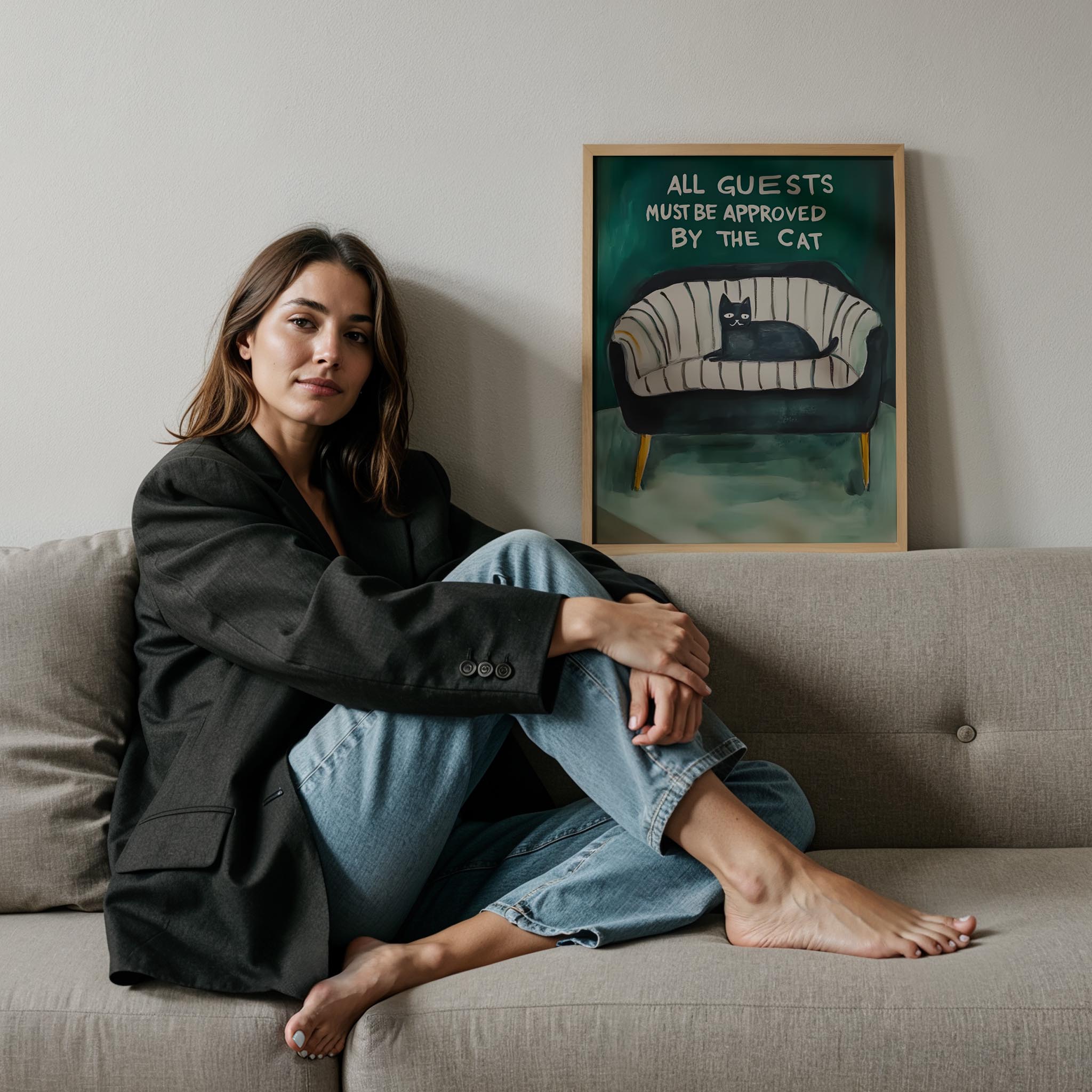 Kedi Baskı III - “All Guests Must Be Approved by the Cat” (Gri Kanepe)