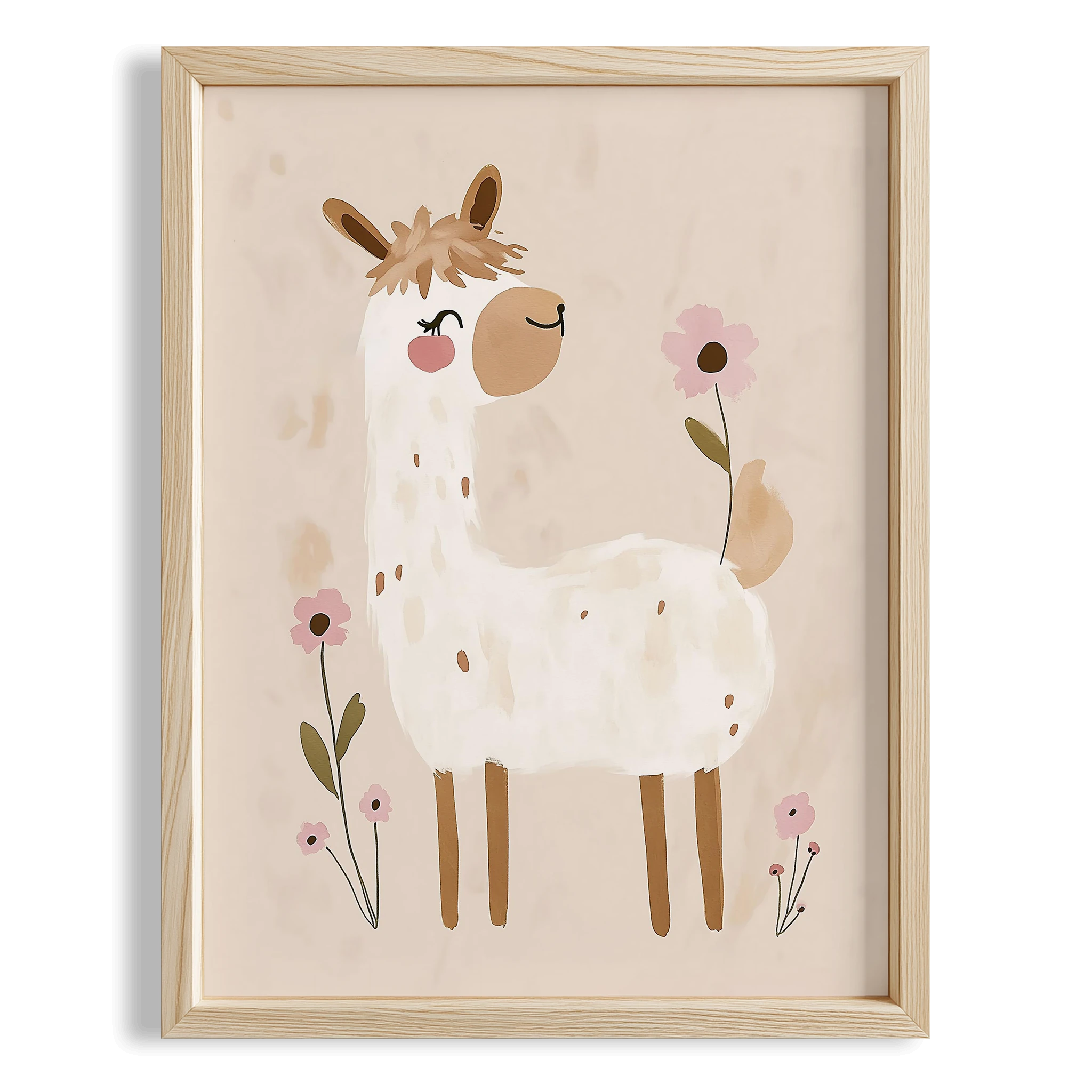 Bohem Çiçekli Lama Kız Çocuk Odası Ahşap Tablo