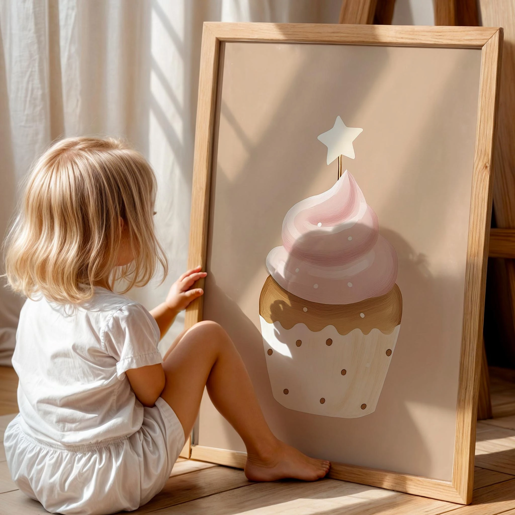 Yıldızlı Cupcake Bohem Kız Çocuk Odası Ahşap Tablo
