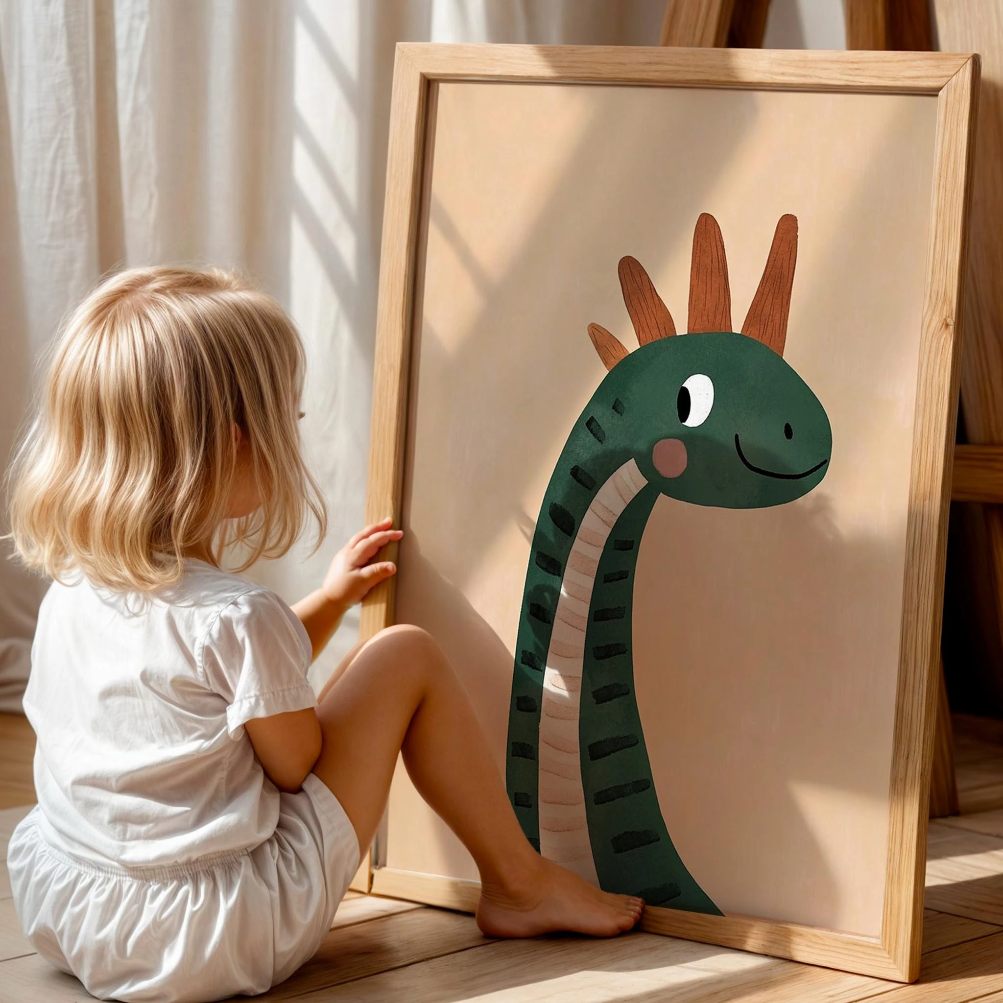 Sevimli Yeşil Dinozor Temalı Bej Fonlu Çocuk Odası Ahşap Tablo