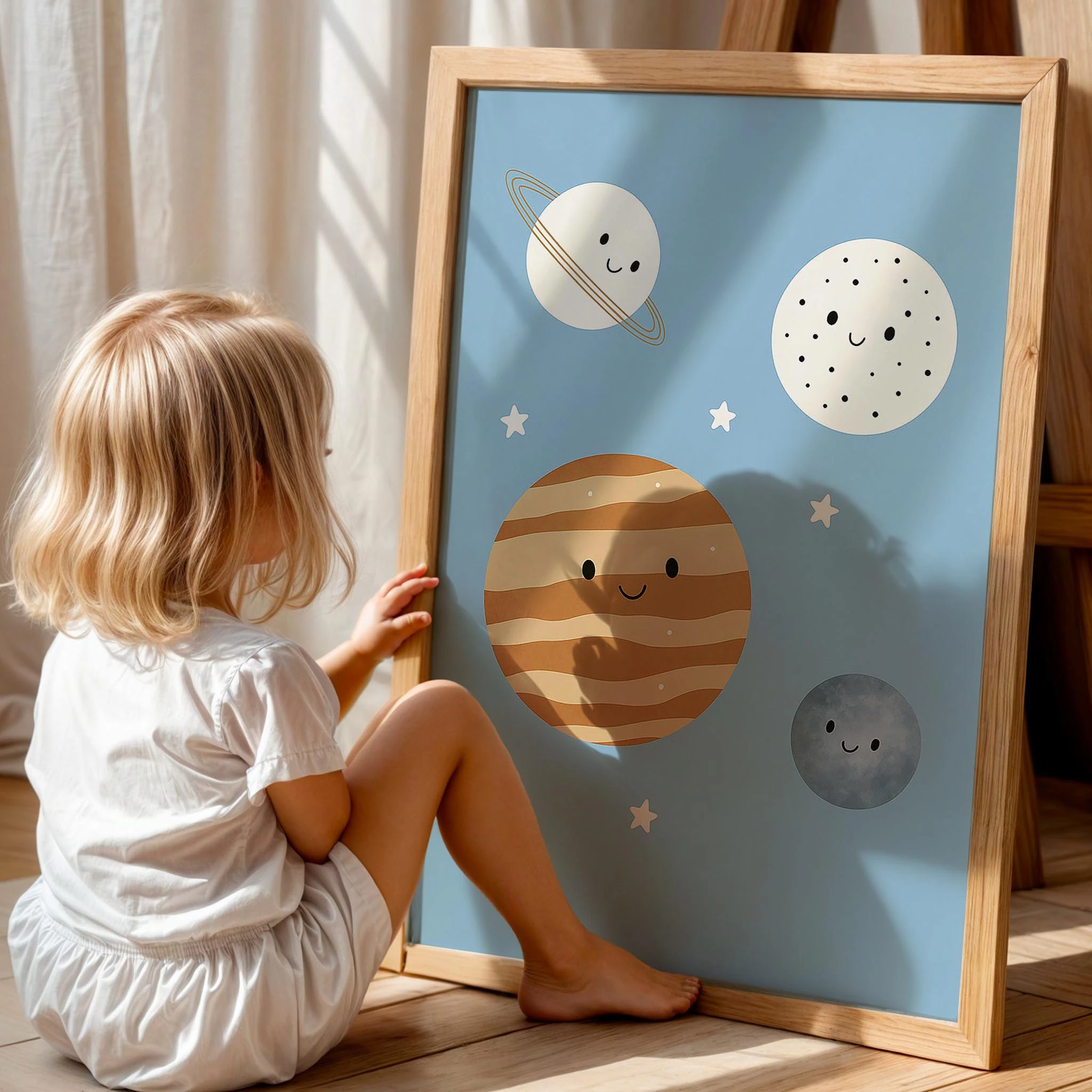 Sevimli Gezegenler Mavi Fonlu Çocuk Odası Ahşap Tablo I