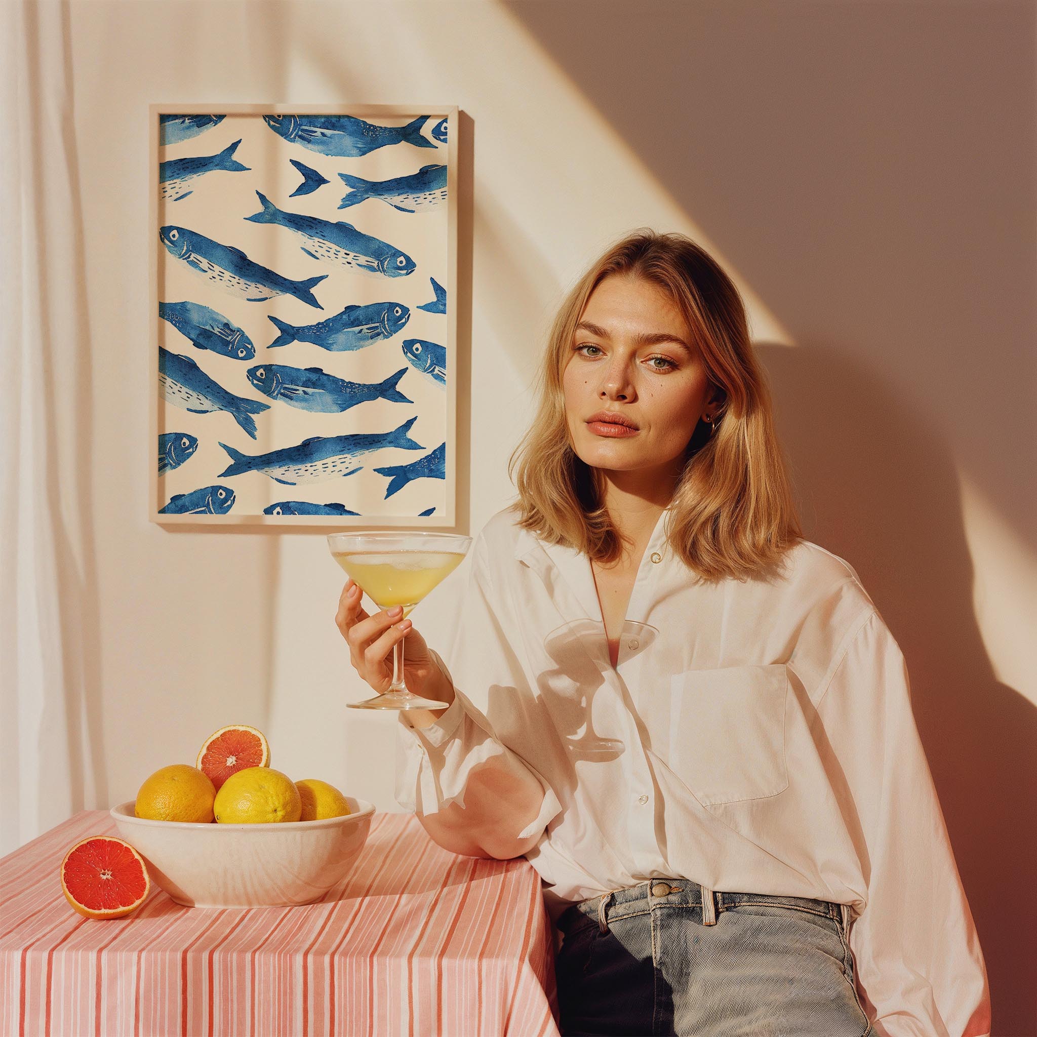 Mavi Sardalyalar Coastal Stil Mutfak Duvar Tablosu