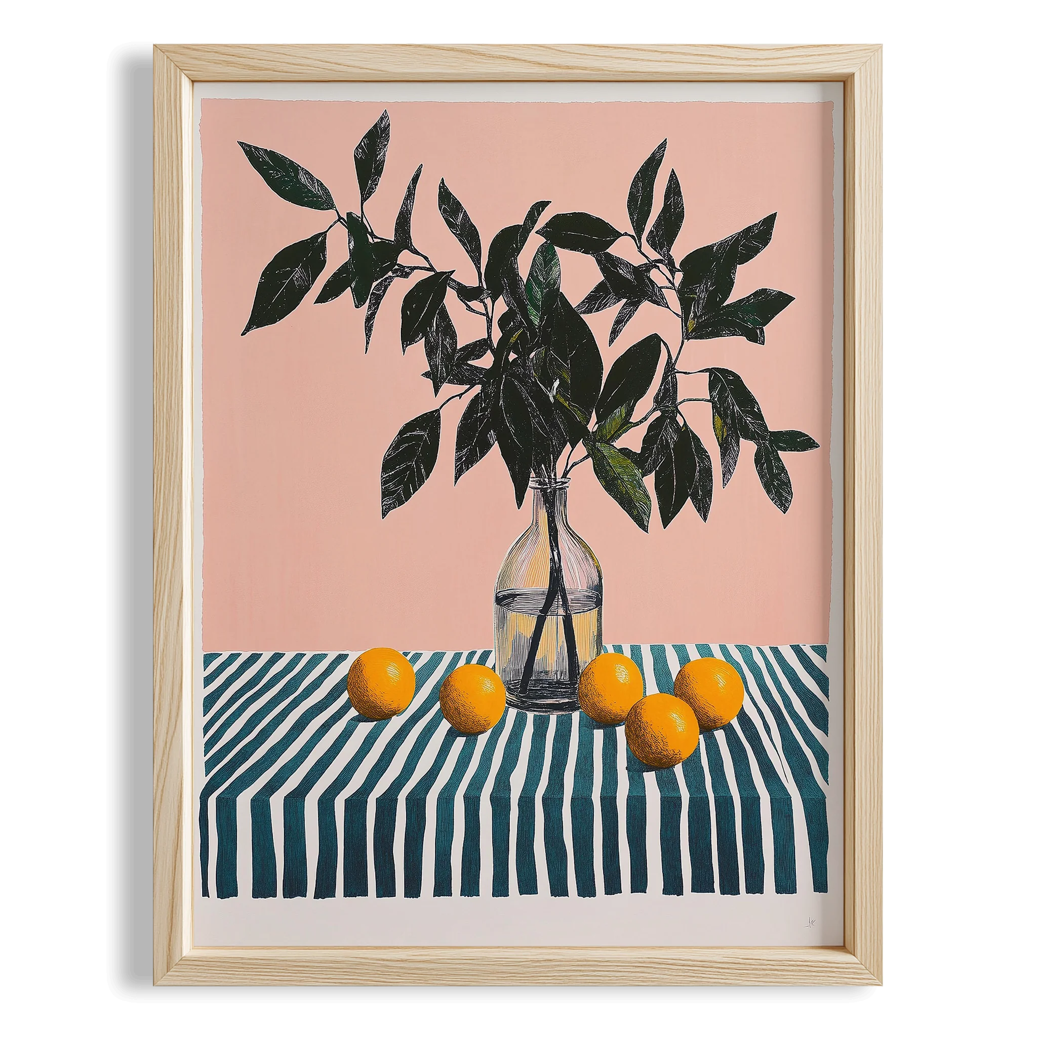 Masada Portakal ve Çizgili Vazo Meyveler Mutfak Duvar Tablosu