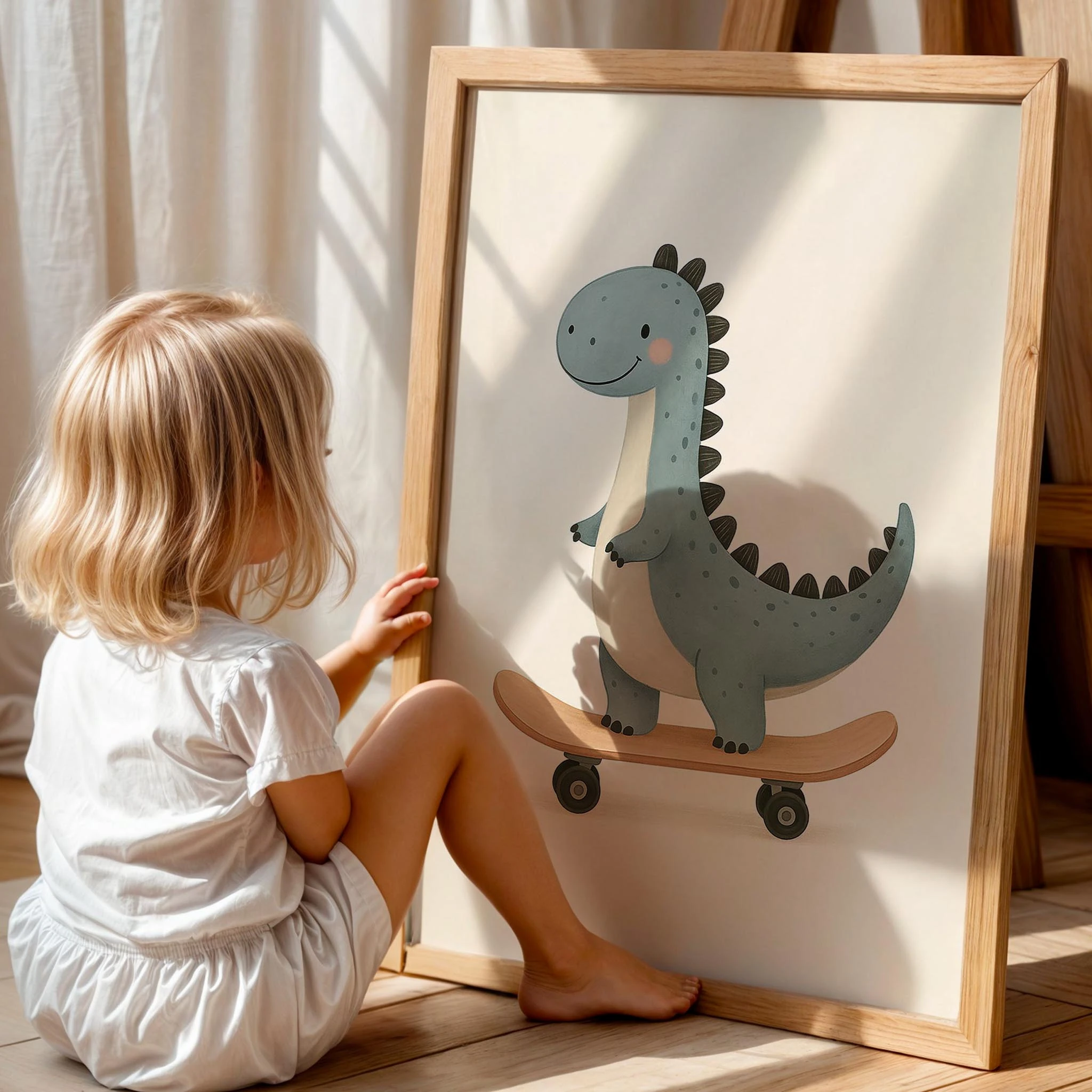 Kaykay Süren Dinozor Minimalist Erkek Çocuk Odası Ahşap Tablo