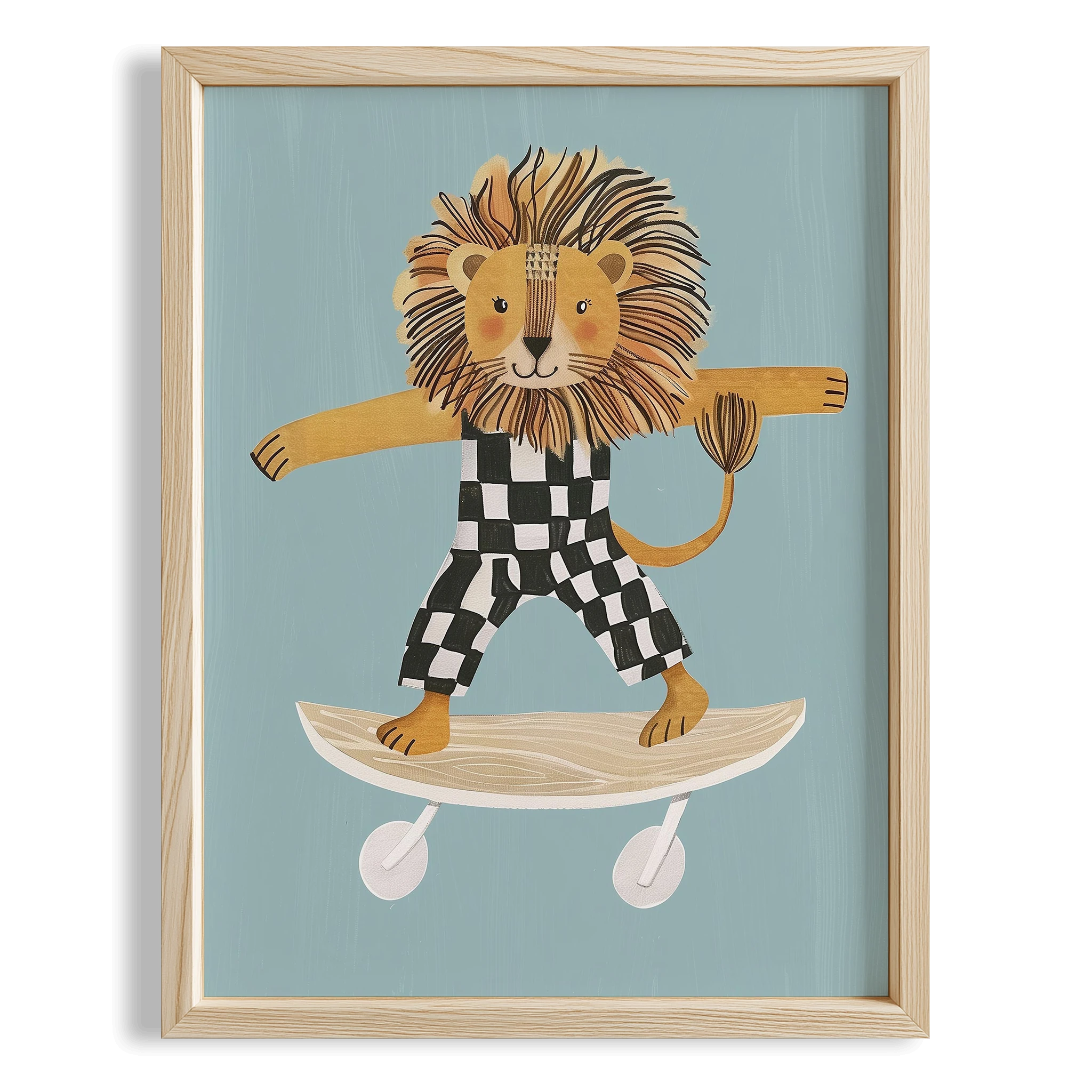 Kaykay Süren Aslan Mavi Fonlu Erkek Çocuk Odası Ahşap Tablo