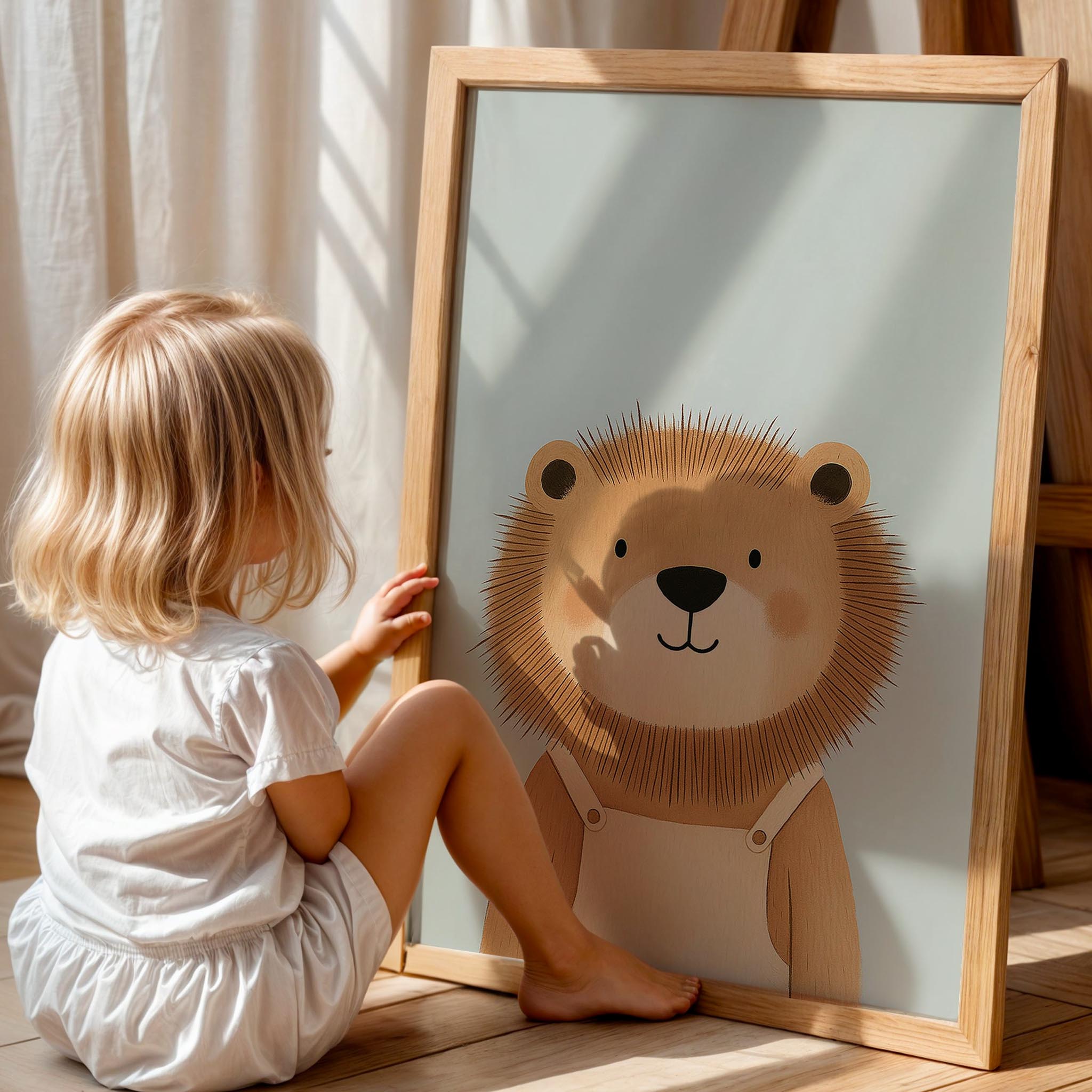 Sevimli Aslan Mavi Fonlu Erkek Çocuk Odası Ahşap Tablo