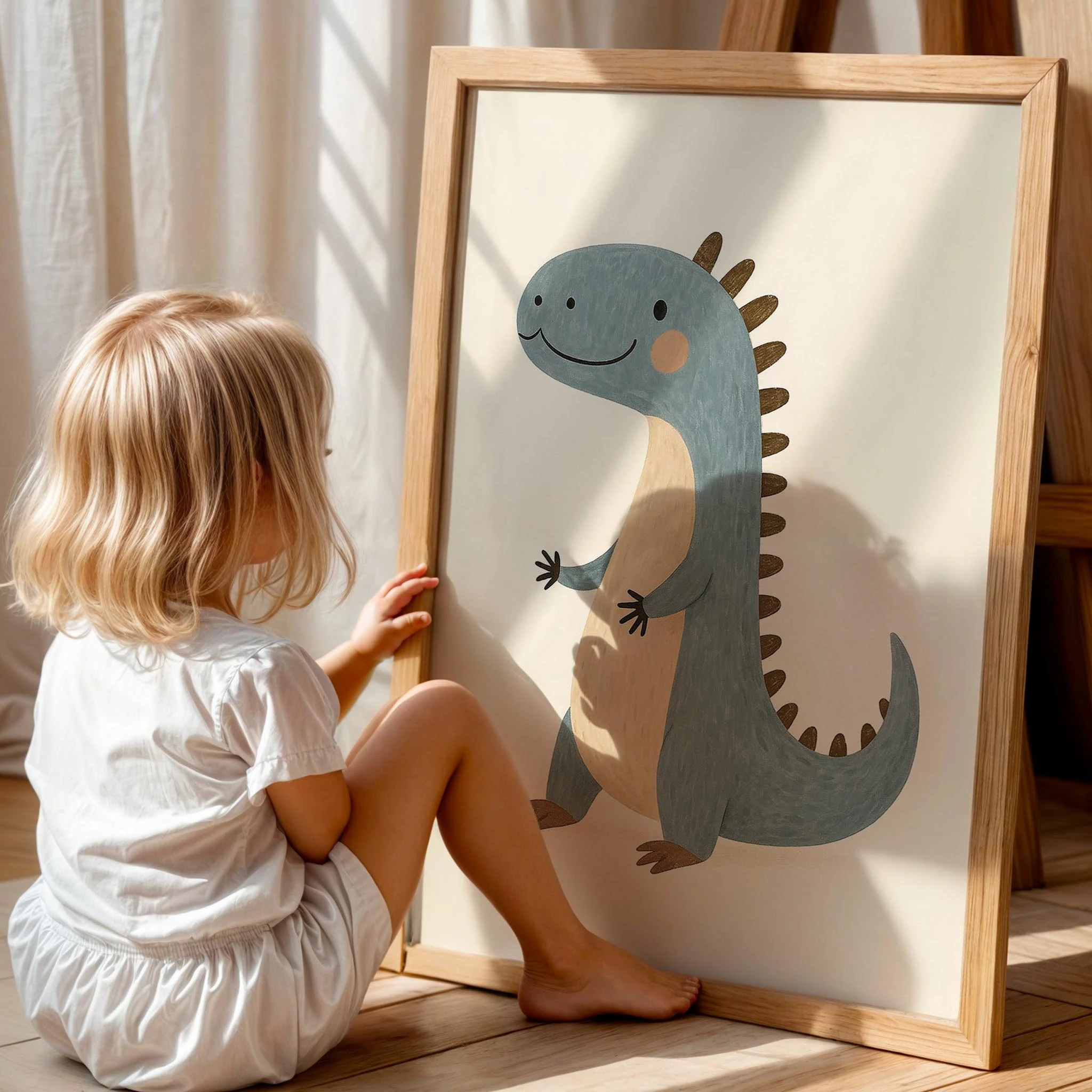 Sevimli Mavi Yavru Dinozor Erkek Çocuk Odası Ahşap Tablo