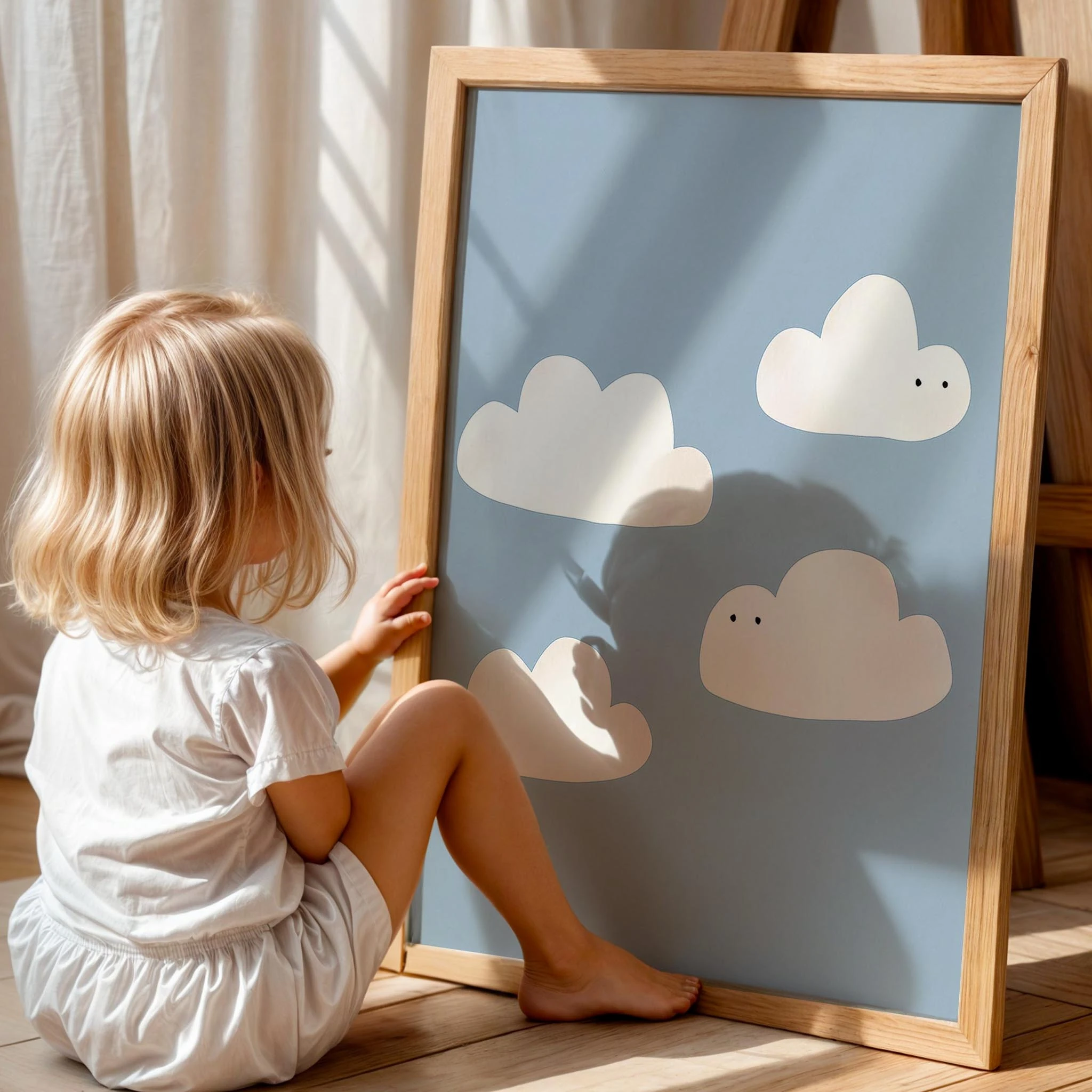 Sevimli Bulutlar Mavi Fonlu Gökyüzü Erkek Çocuk Odası Ahşap Tablo