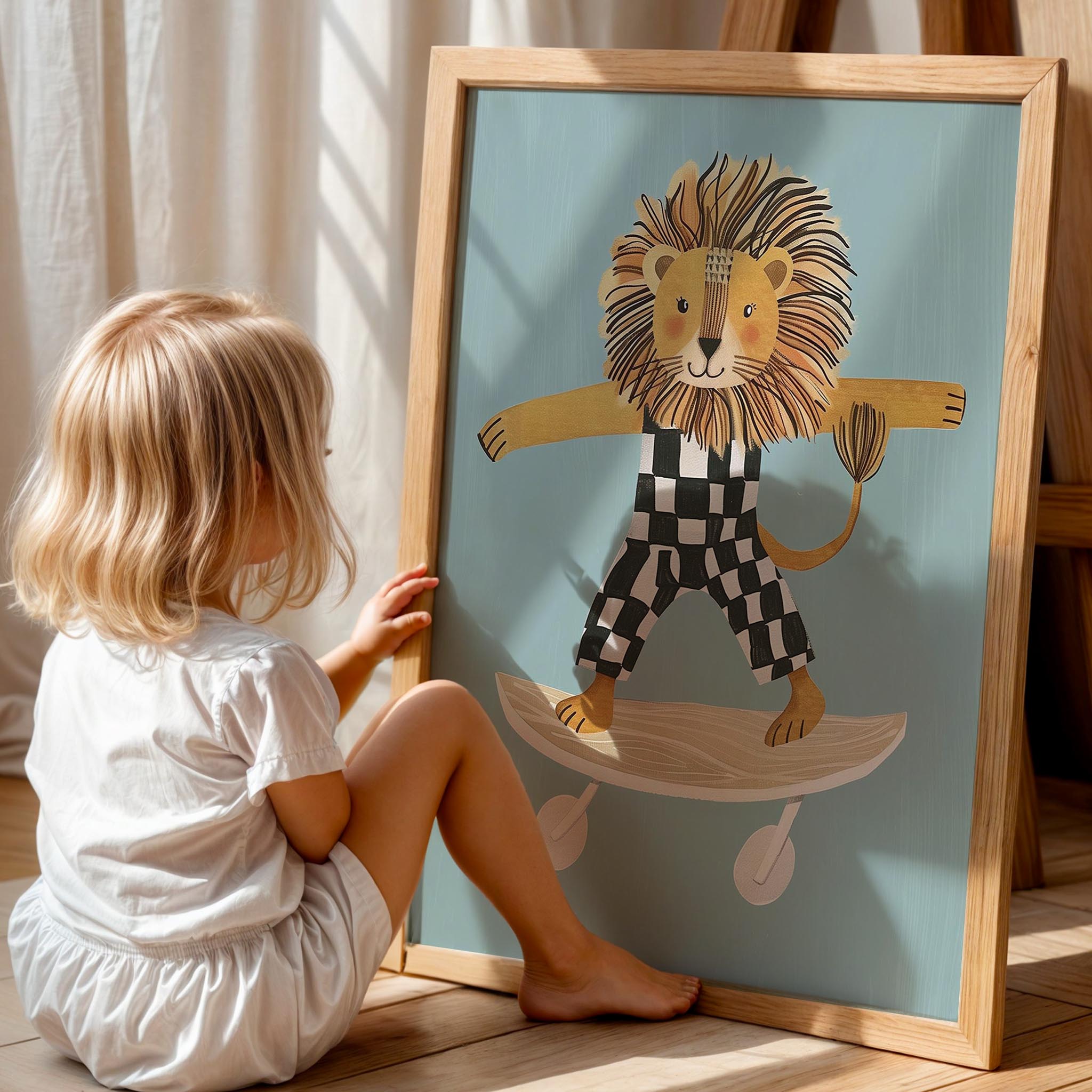 Kaykay Süren Aslan Mavi Fonlu Erkek Çocuk Odası Ahşap Tablo