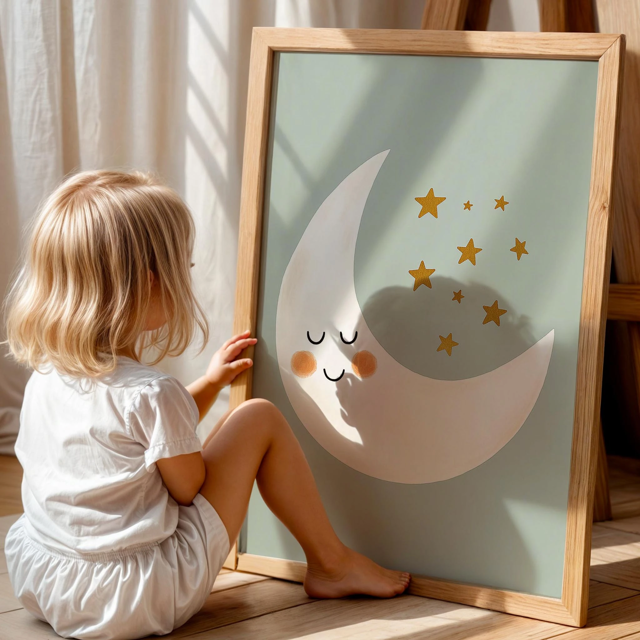 Şirin Ay ve Yıldızlar Yeşil Fonlu Çocuk Odası Ahşap Tablo