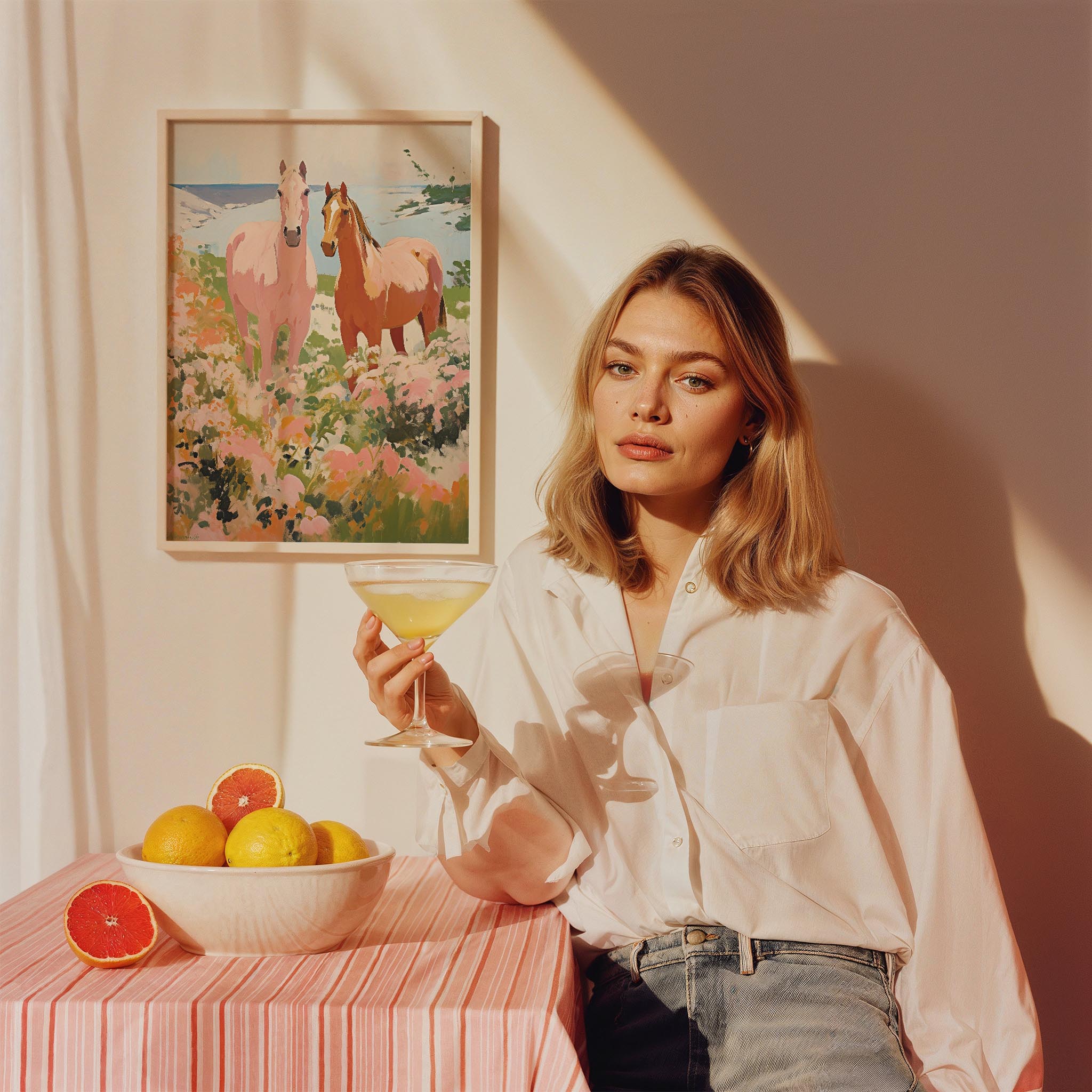 Pembe Çiçekli Kırda Atlar - Maximalist Duvar Tablosu