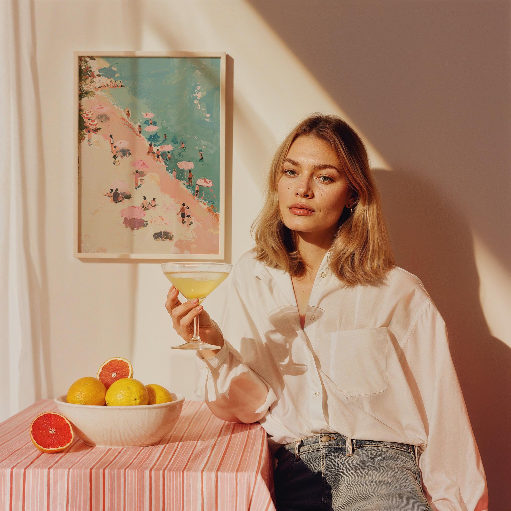 Pembe Şemsiyeli Plaj Pastel Maximalist - Duvar Tablosu