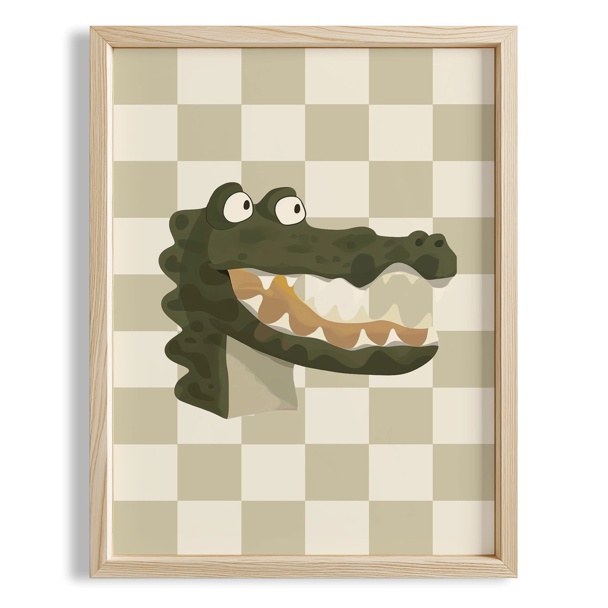 Timsah Sevimli Safari Hayvanları Yeşil Kareli Fonlu Çocuk Odası Ahşap Tablo