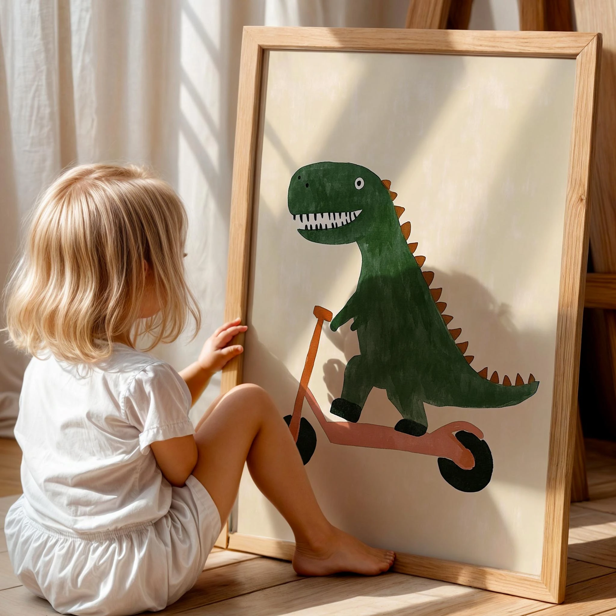Scooter Süren Dinozor Temalı Krem Fonlu Çocuk Odası Ahşap Tablo I