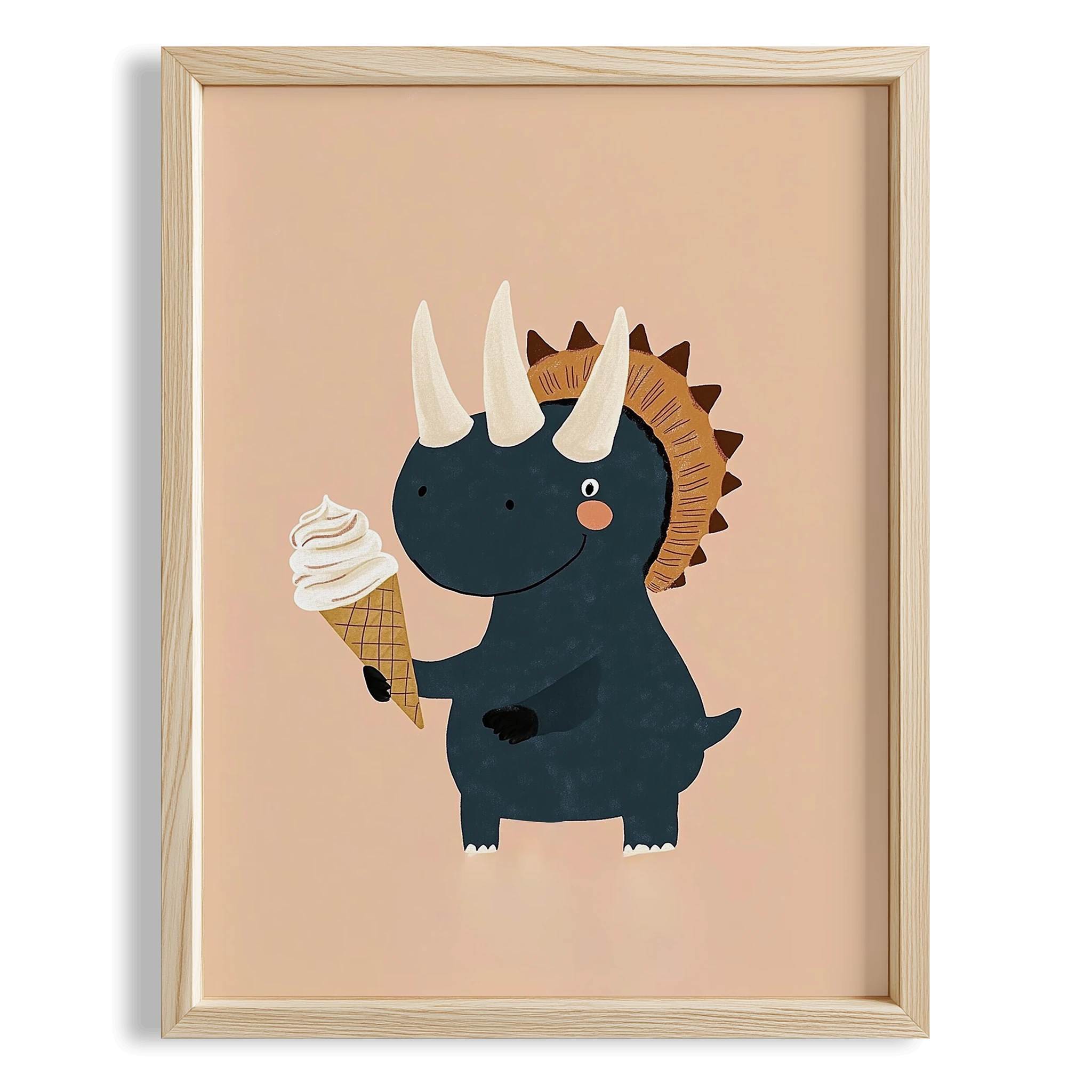 Dondurma Yiyen Dinozor Temalı Krem Fonlu Çocuk Odası Ahşap Tablo