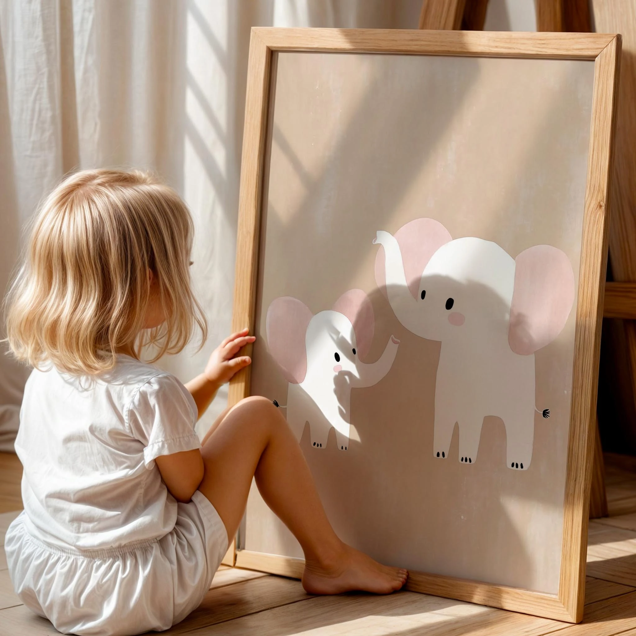 Sevimli Yavru Fil ve Annesi Bohem Kız Çocuk Odası Ahşap Tablo II
