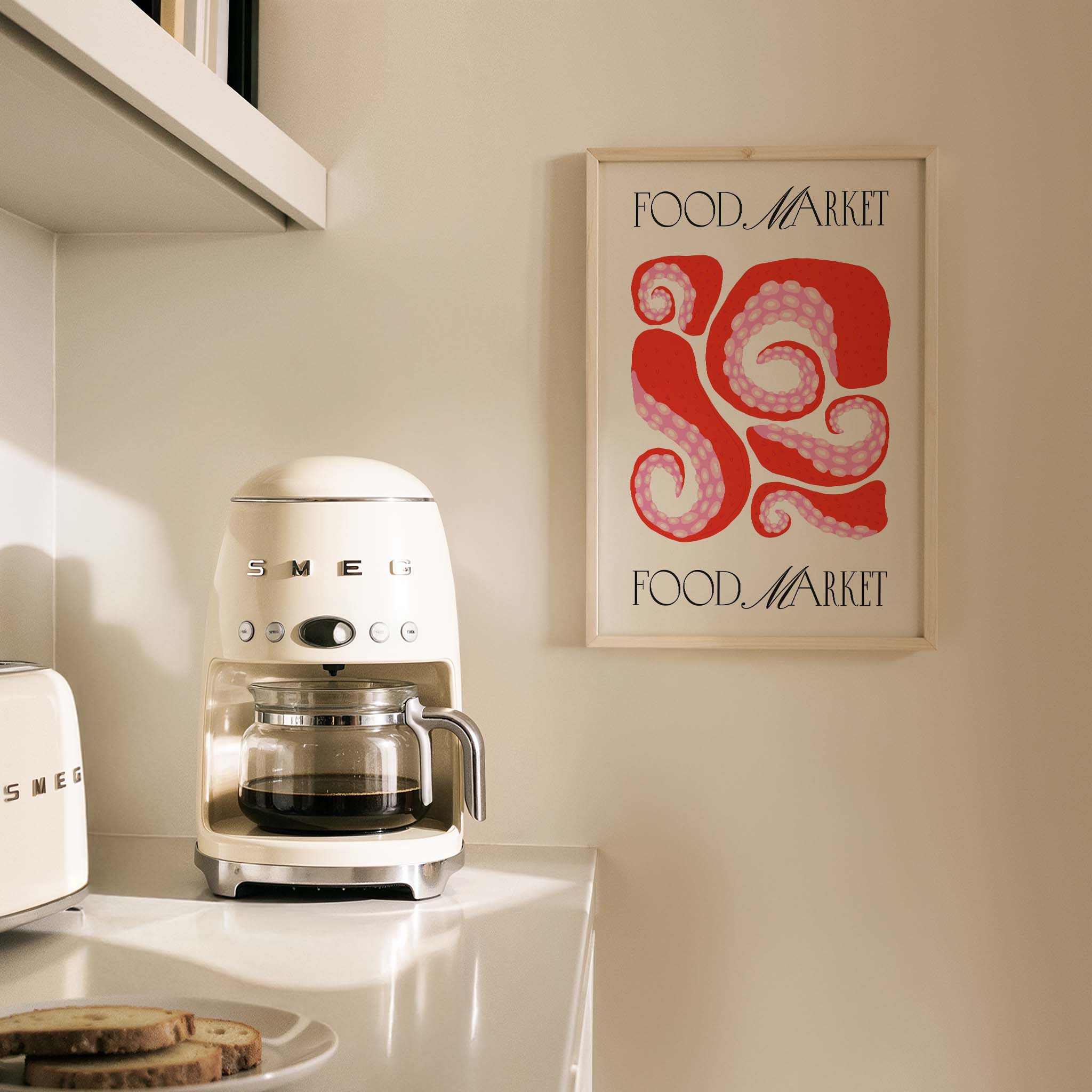 Food Market Ahtapot Tipografi Mutfak Duvar Tablosu