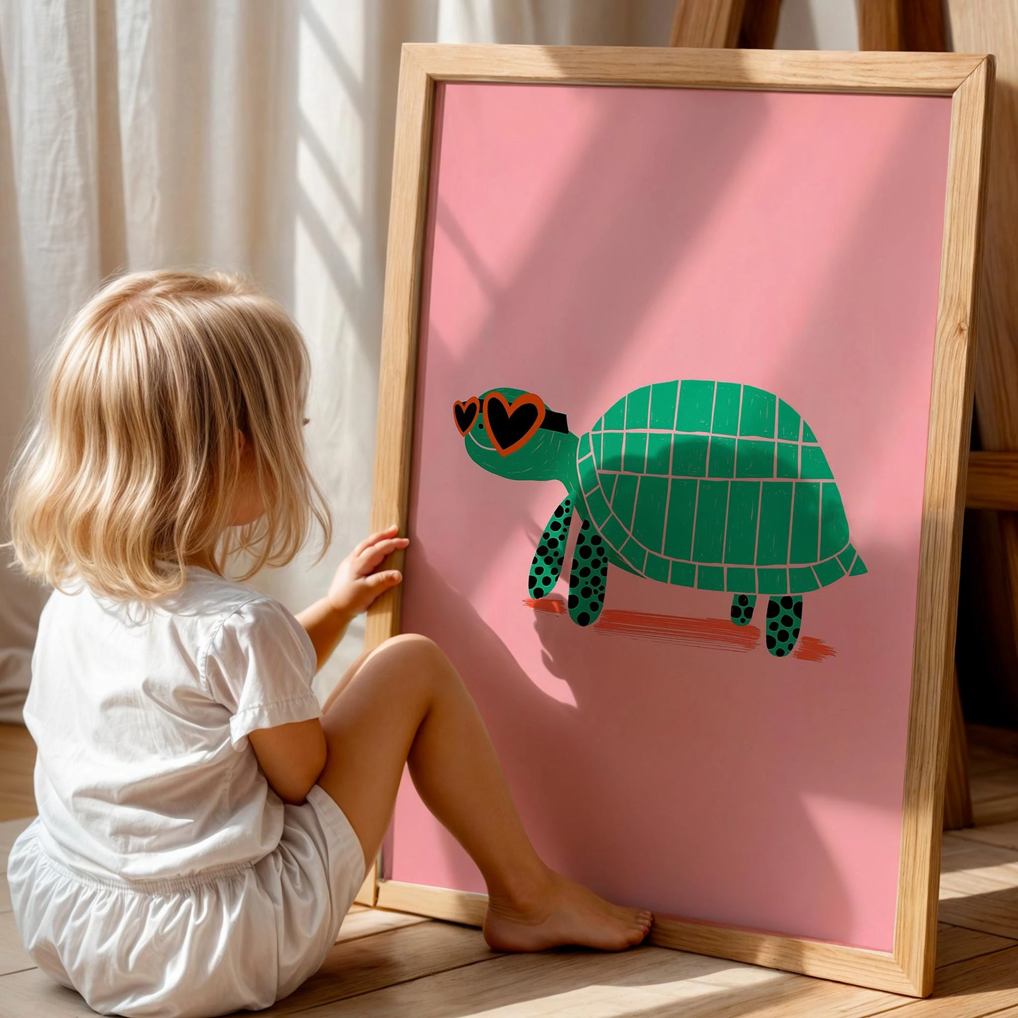 Kalp Gözlük Kaplumbağa - Eklektik Tarzda Kız Çocuk Odası Dekorasyonu Ahşap Çerçeveli Duvar Tablosu