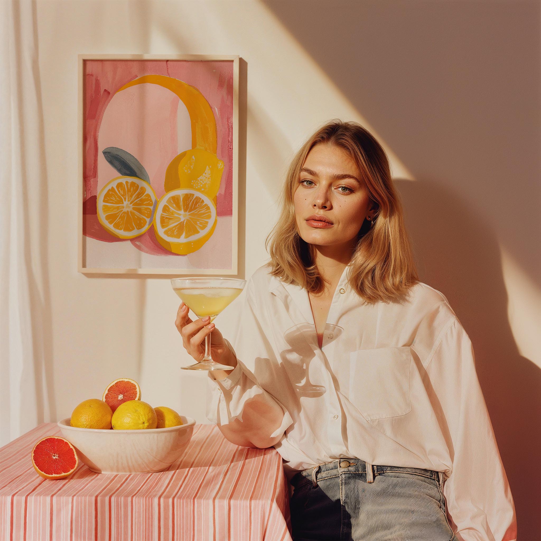 Limonlar Pembe Arka Plan Akdeniz İtalya Koleksiyonu Mutfak Duvar Tablosu