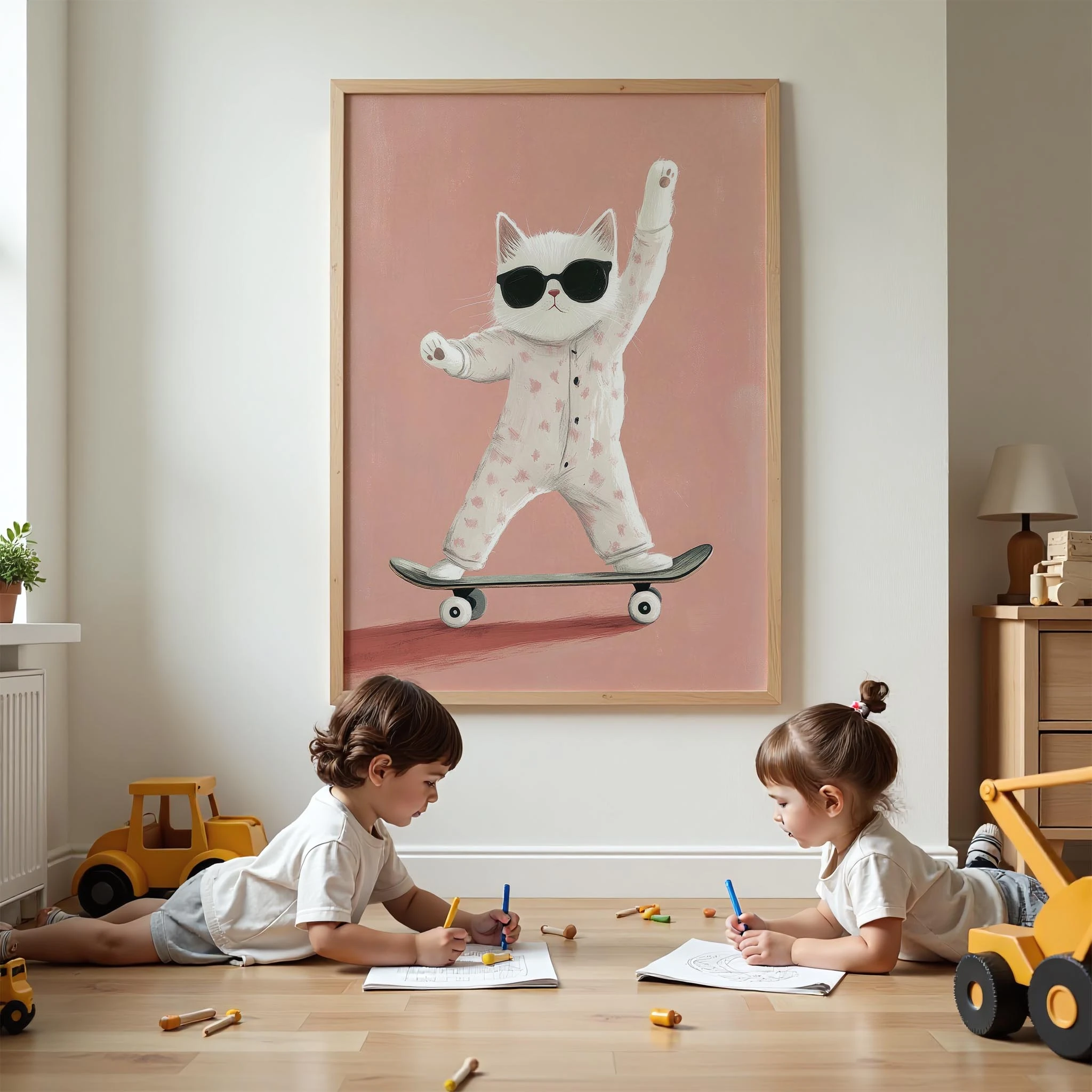 Pijamalı Kaykaycı Kedi - Pembe Fon