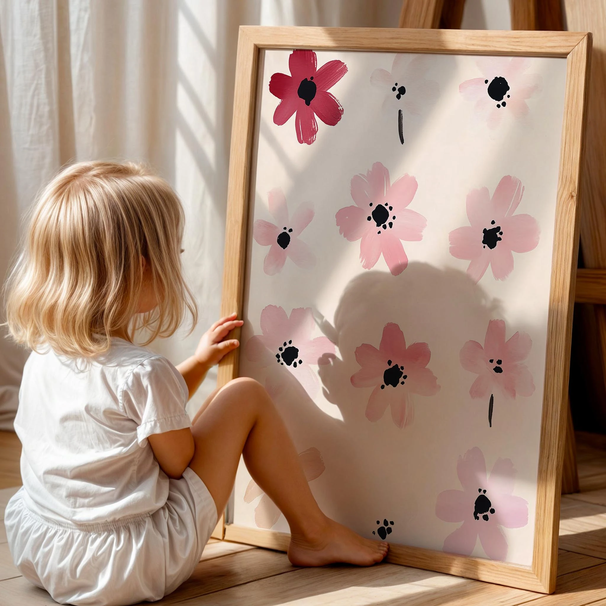Bohem Pembe Çiçekler Kız Çocuk Odası Ahşap Tablo