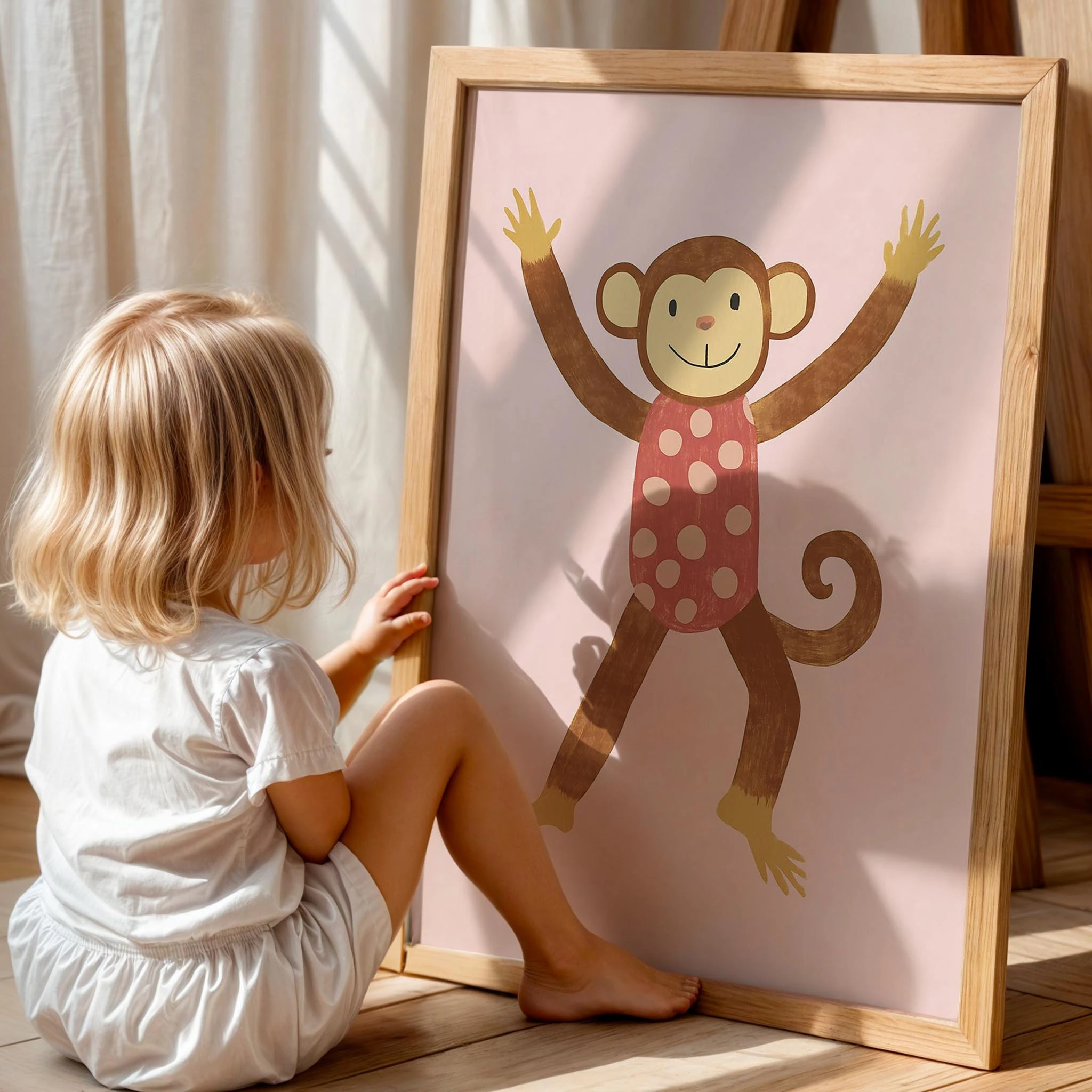 Sevimli Yavru Maymun Bohem Kız Çocuk Odası Ahşap Tablo