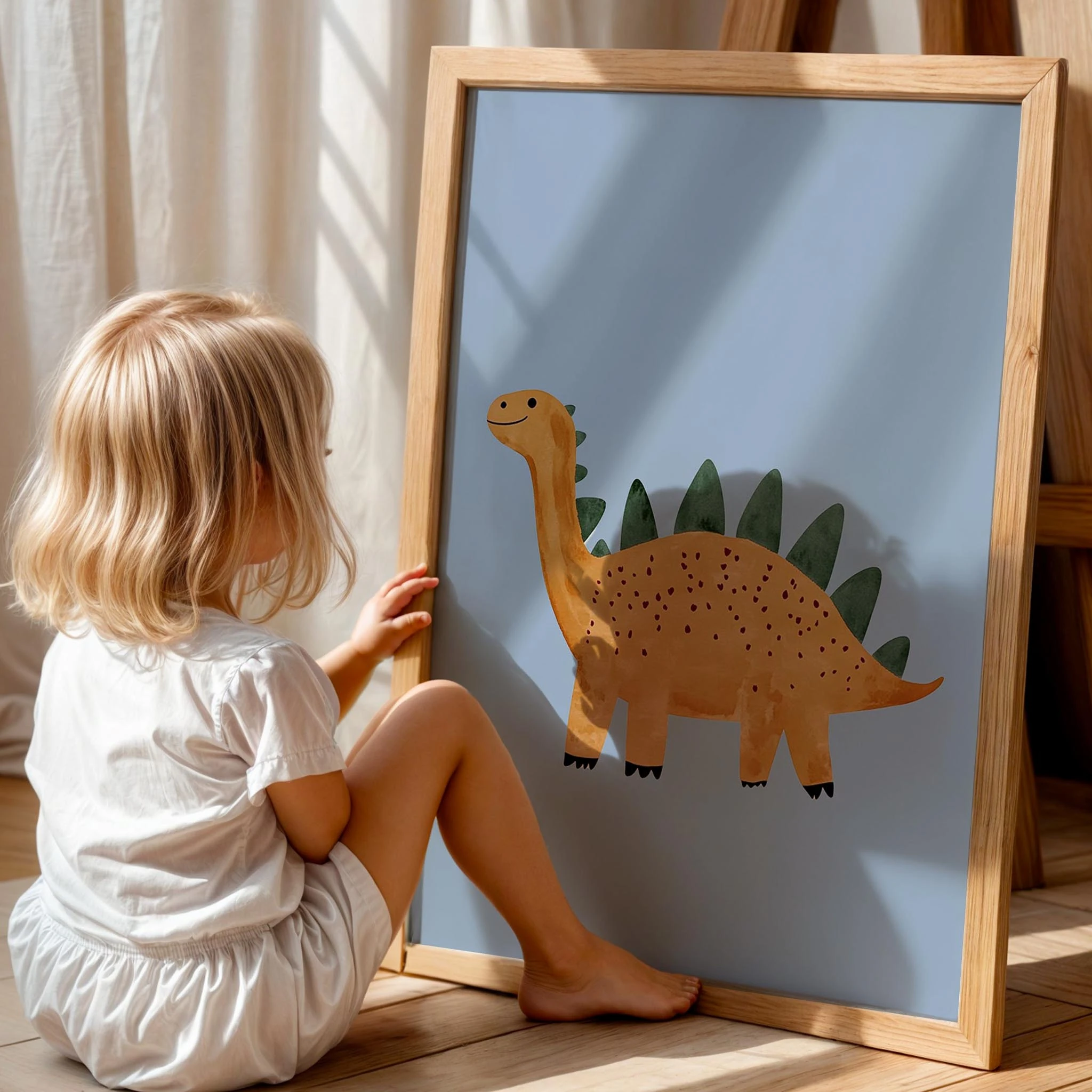 Sevimli Dinozor Temalı Mavi Fonlu Çocuk Odası Ahşap Tablo I