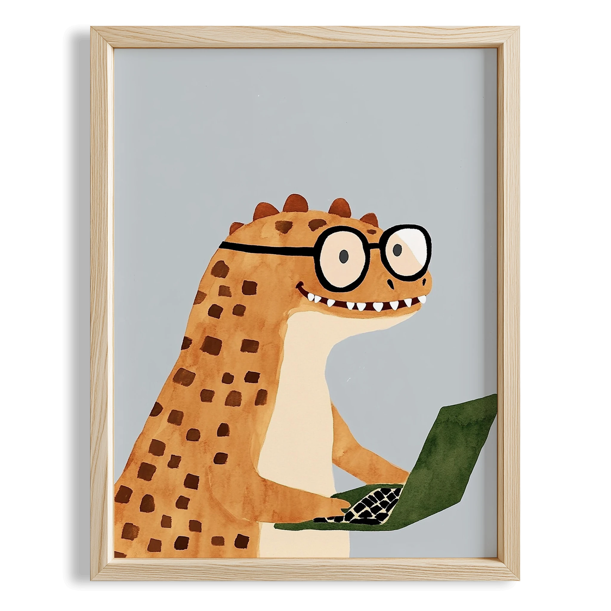 Yazılımcı Dahi Dinozor Temalı Mavi Fon Çocuk Odası Ahşap Tablo